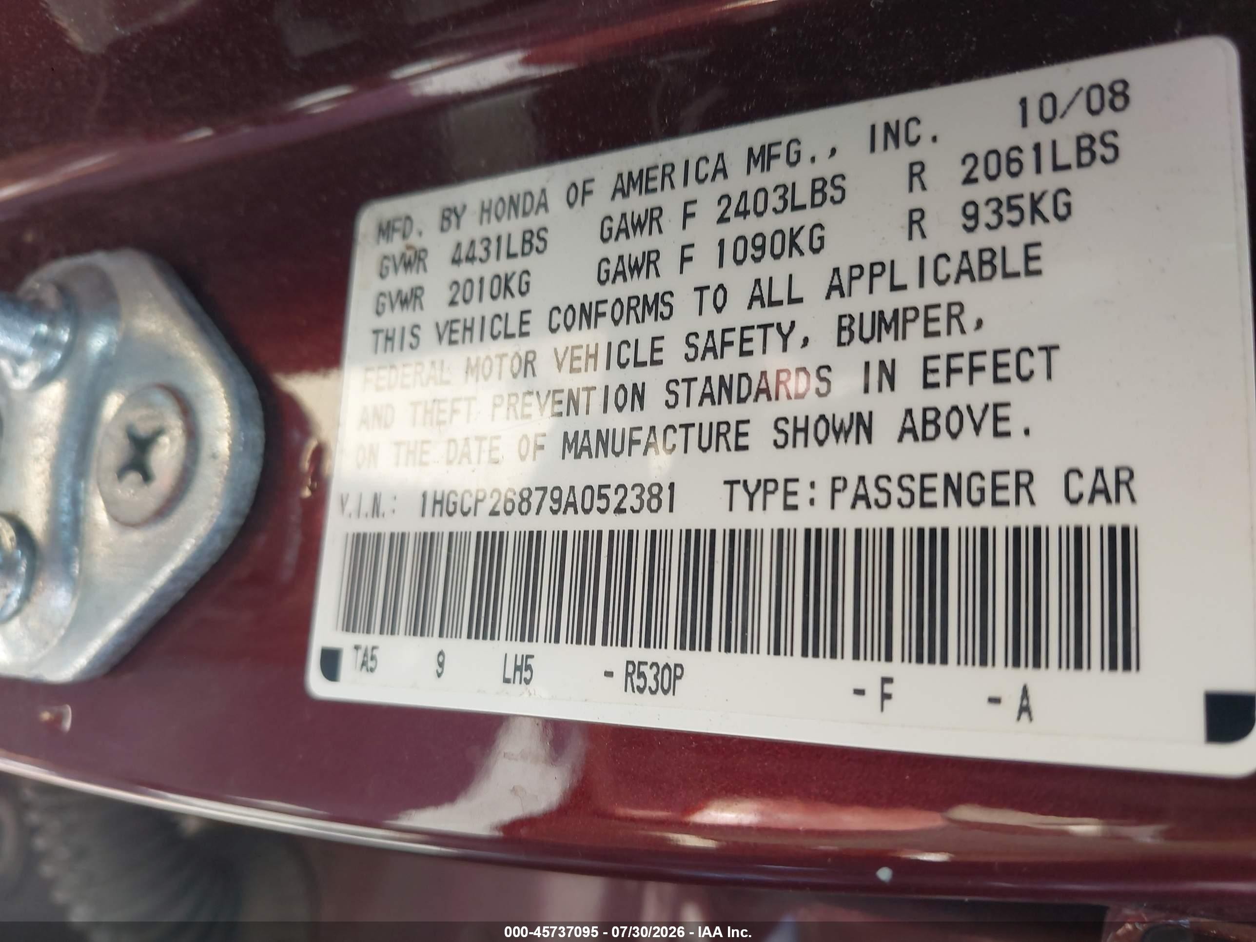 2009 Honda Accord 2.4 Ex-l Burgundy vin: 1HGCP26879A052381