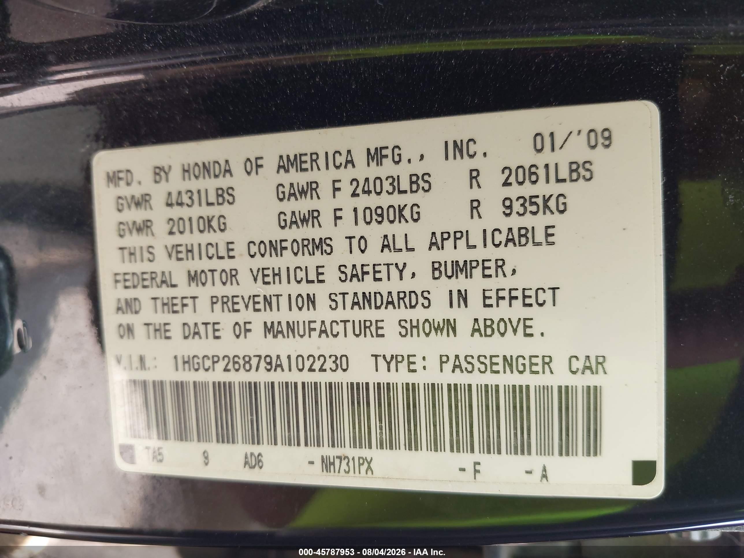 2009 Honda Accord 2.4 Ex-l Black vin: 1HGCP26879A102230