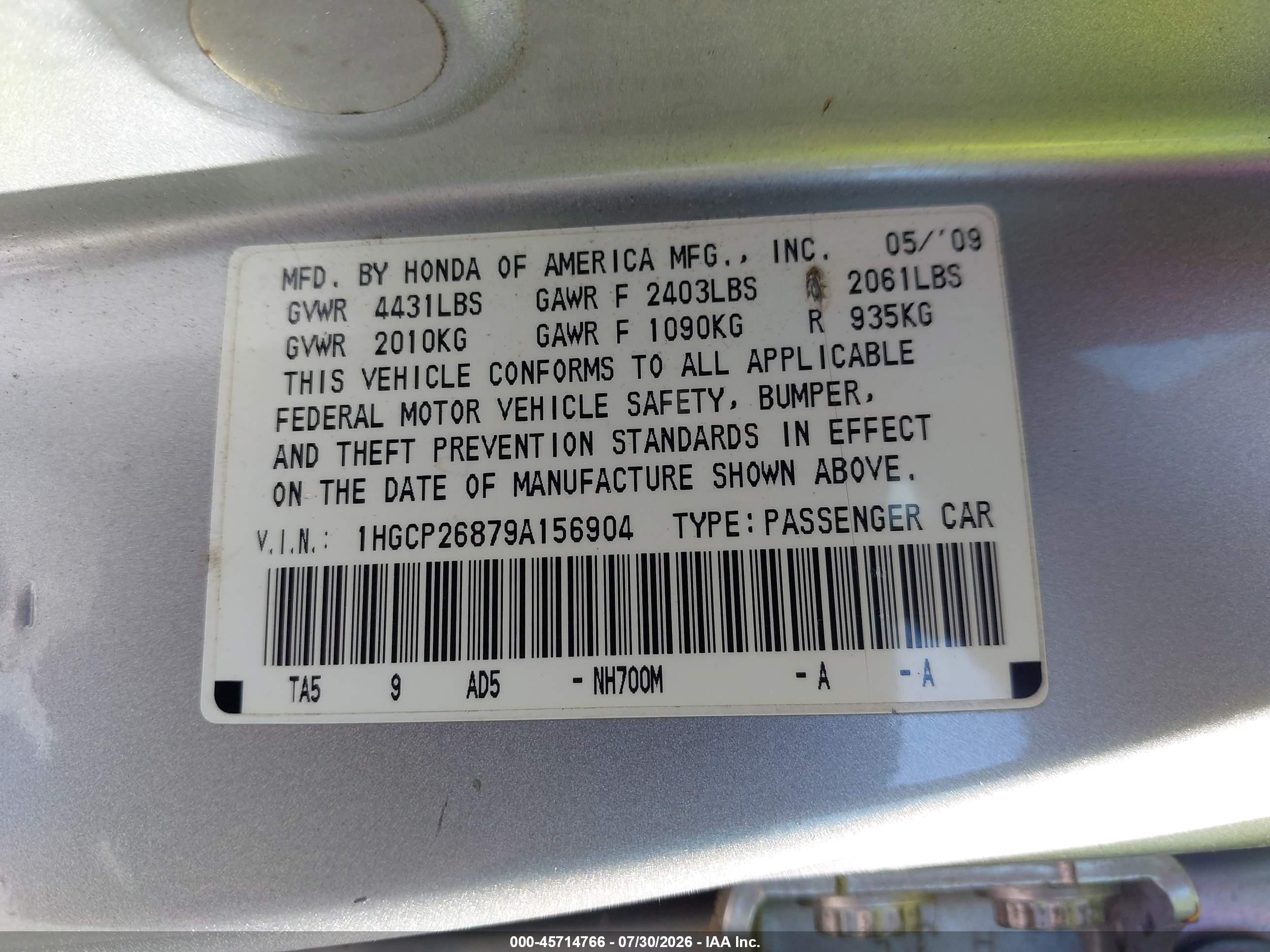 2009 Honda Accord 2.4 Ex-l Silver vin: 1HGCP26879A156904