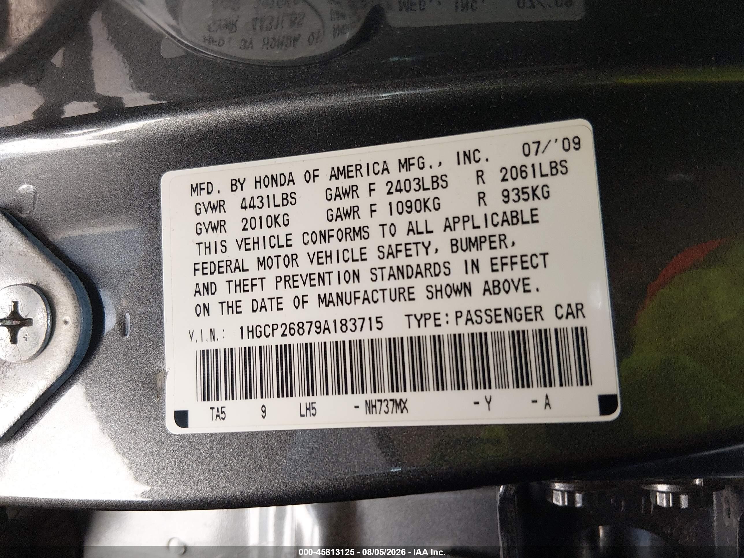 2009 Honda Accord 2.4 Ex-l Gray vin: 1HGCP26879A183715