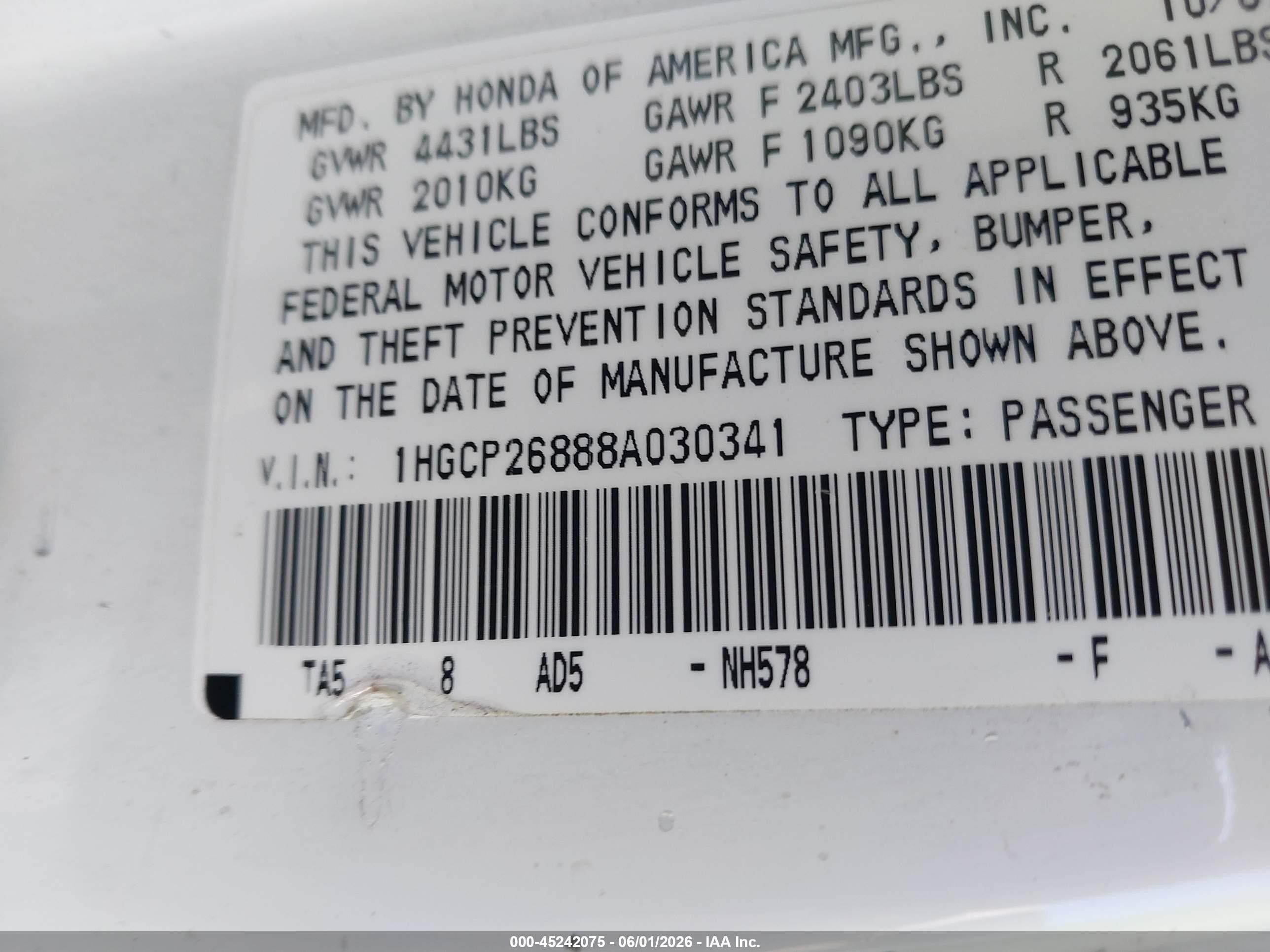 2008 Honda Accord 2.4 Ex-l White vin: 1HGCP26888A030341