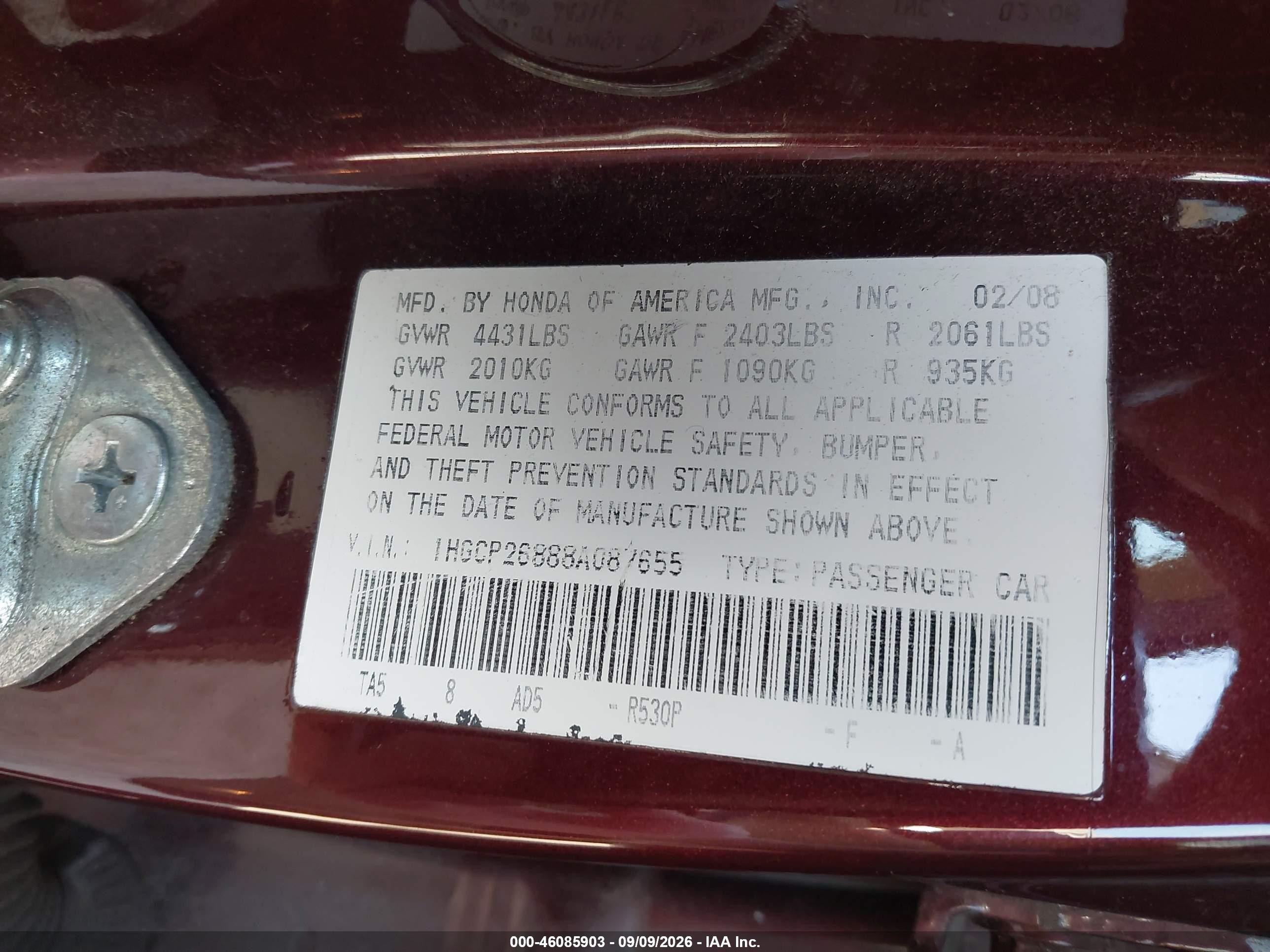 2008 Honda Accord 2.4 Ex-l Maroon vin: 1HGCP26888A087655