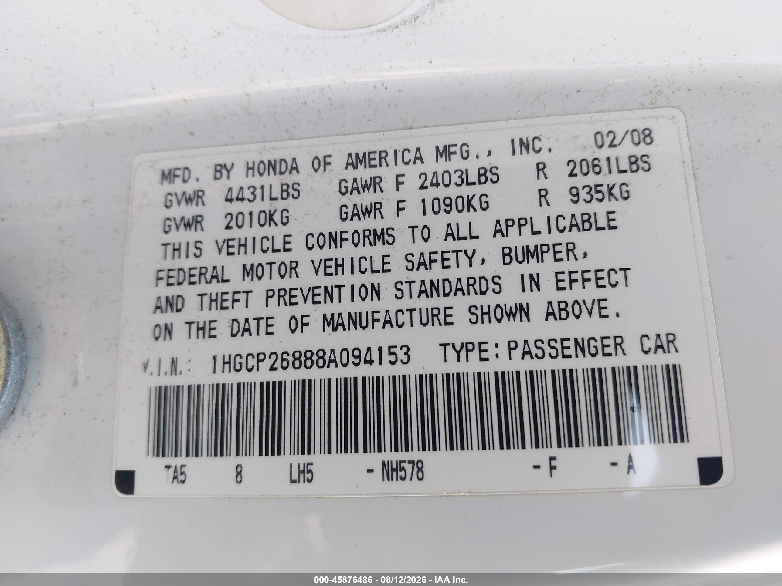 2008 Honda Accord 2.4 Ex-l White vin: 1HGCP26888A094153