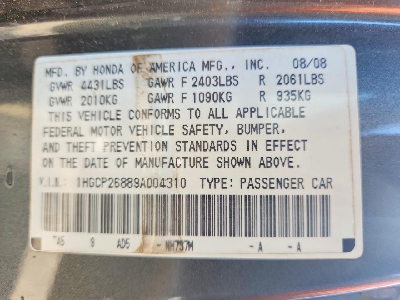 2009 Honda Accord Exl Gray vin: 1HGCP26889A004310