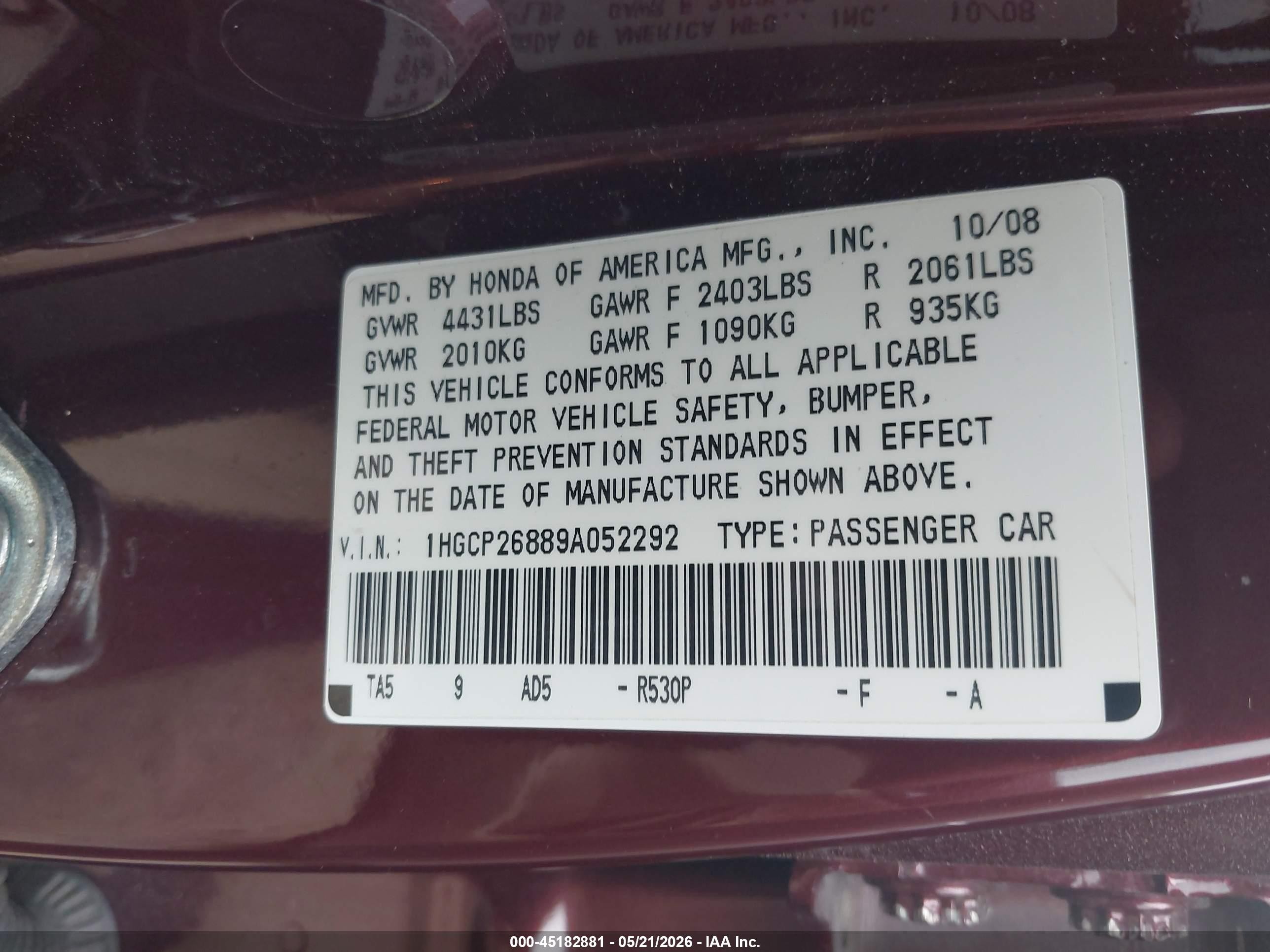 2009 Honda Accord 2.4 Ex-l Burgundy vin: 1HGCP26889A052292