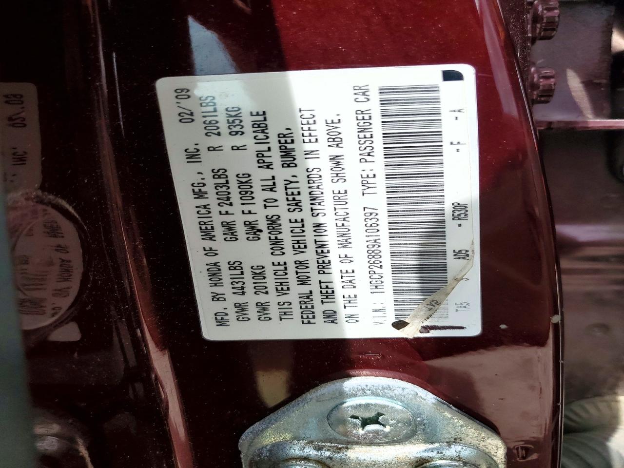 2009 Honda Accord Exl Maroon vin: 1HGCP26889A106397