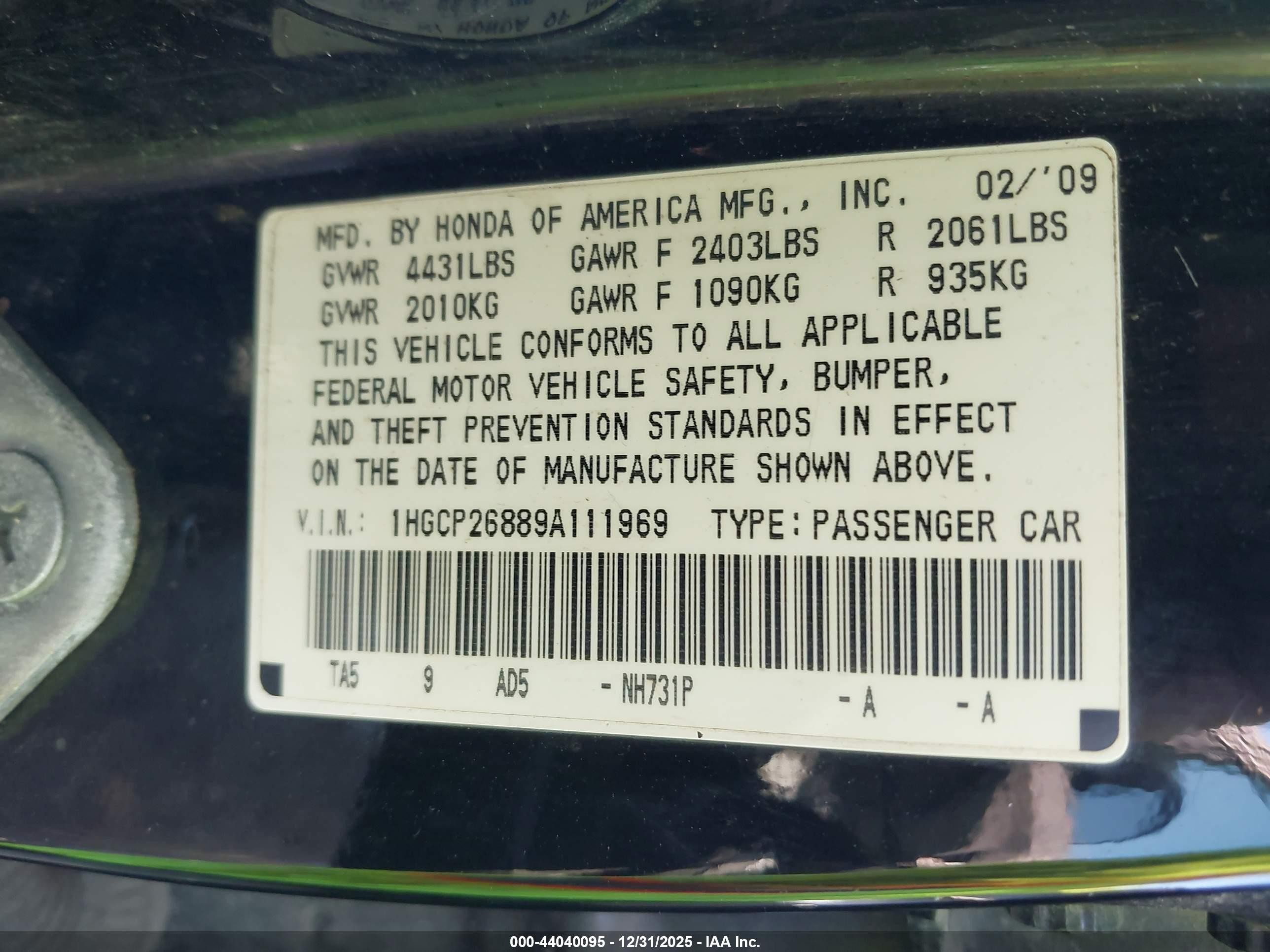 2009 Honda Accord 2.4 Ex-l Black vin: 1HGCP26889A111969