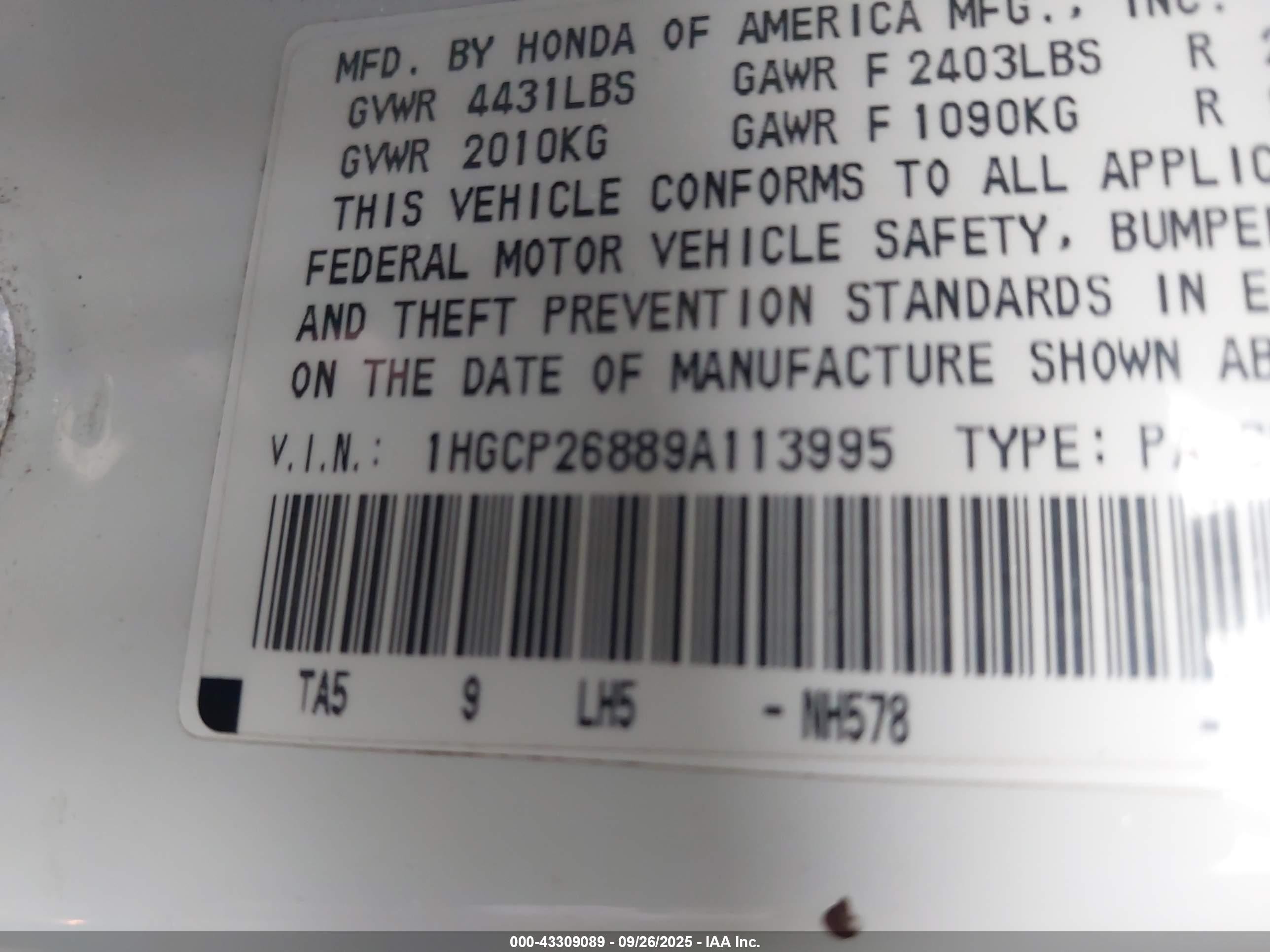2009 Honda Accord 2.4 Ex-l White vin: 1HGCP26889A113995