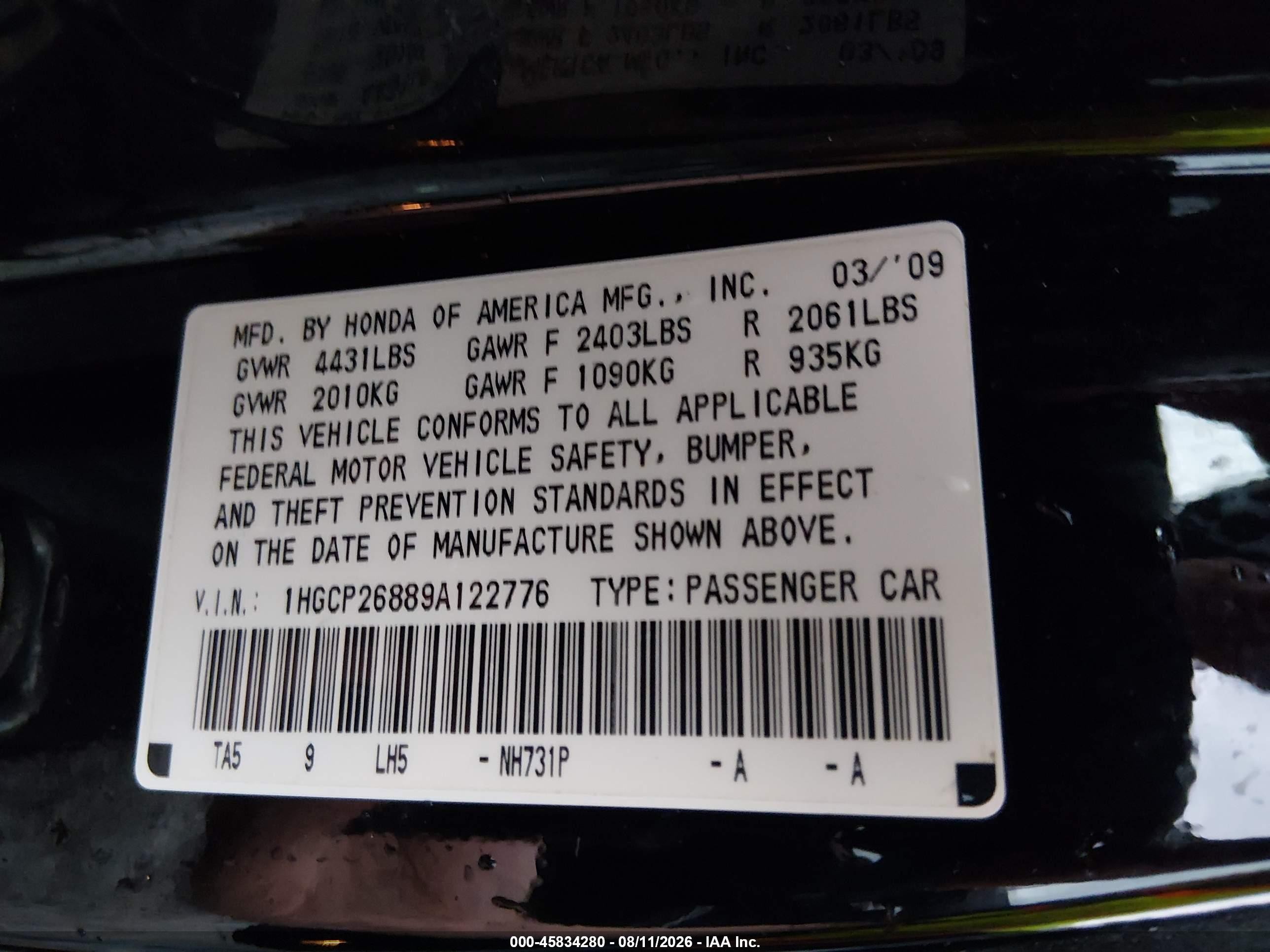 2009 Honda Accord 2.4 Ex-l Black vin: 1HGCP26889A122776