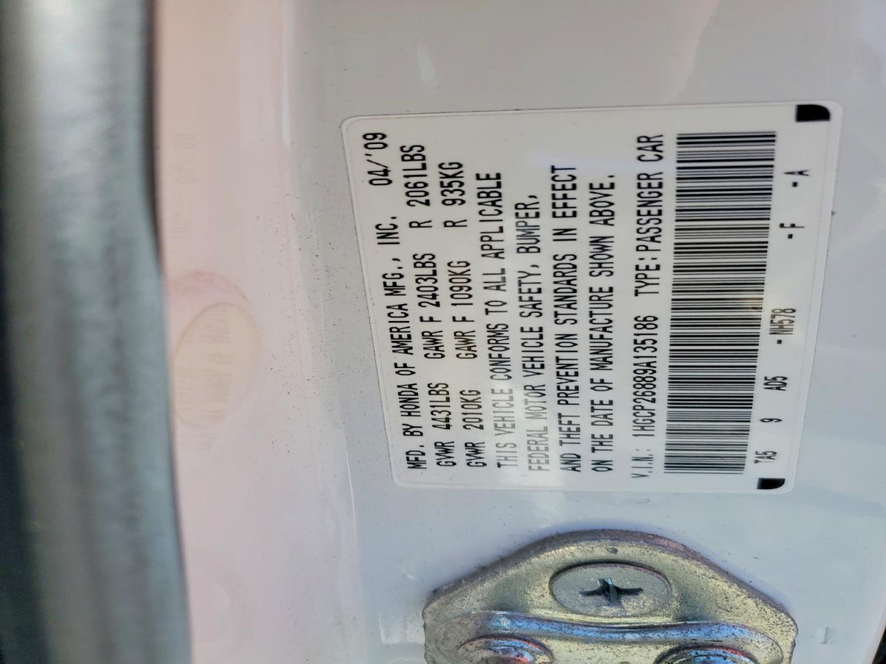 2009 Honda Accord Exl White vin: 1HGCP26889A135186