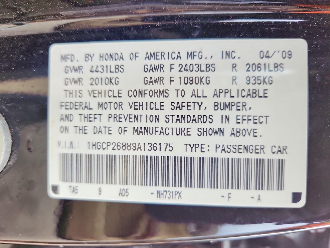 2009 Honda Accord Exl Black vin: 1HGCP26889A136175