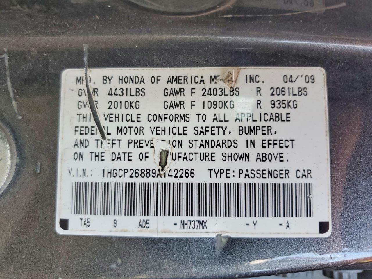2009 Honda Accord Exl Gray vin: 1HGCP26889A142266