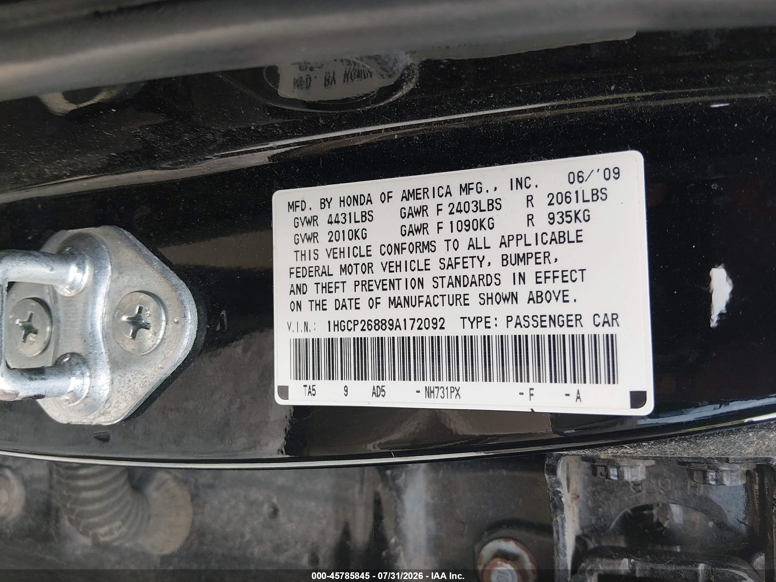 2009 Honda Accord 2.4 Ex-l Black vin: 1HGCP26889A172092