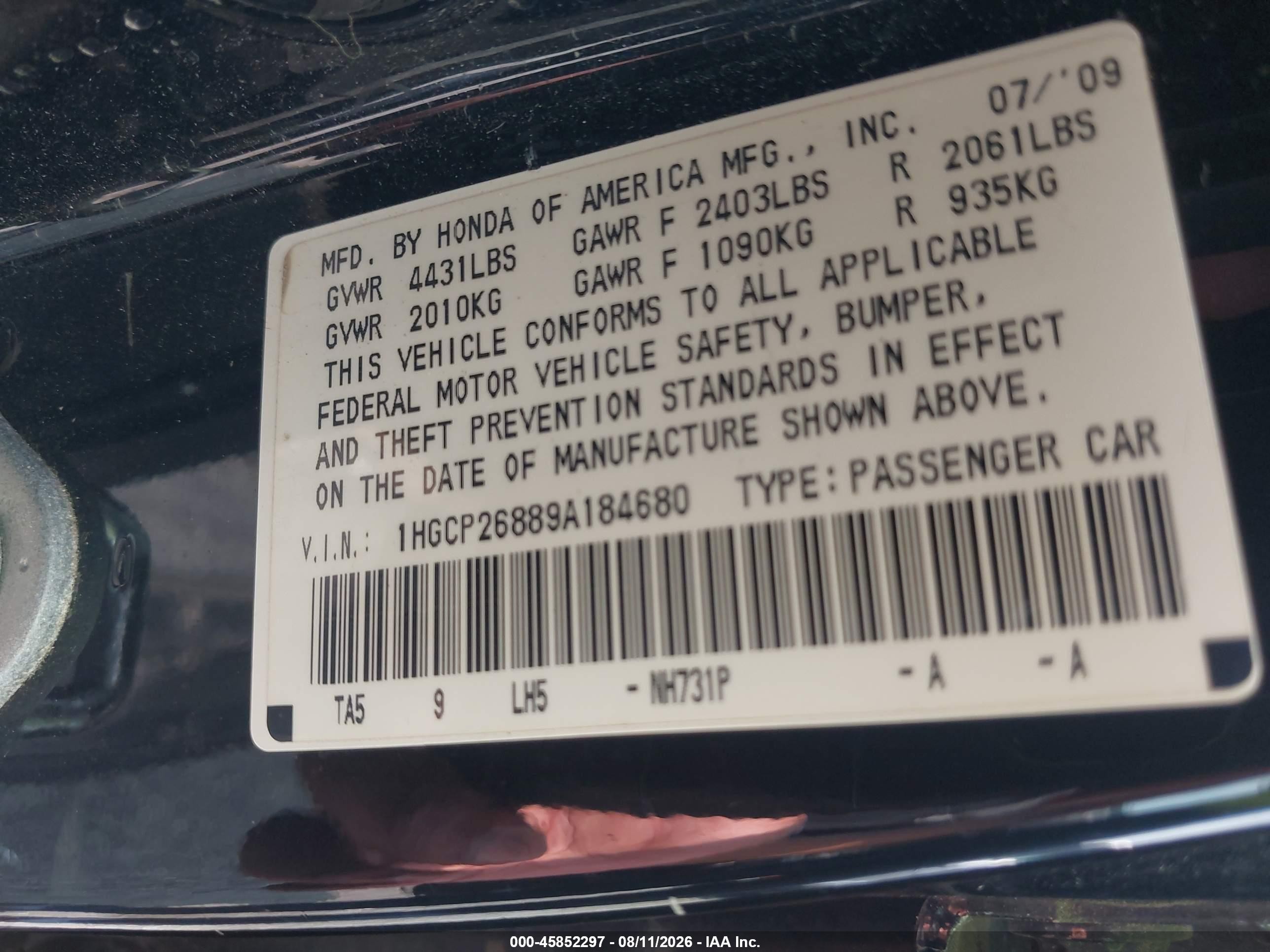 2009 Honda Accord 2.4 Ex-l Black vin: 1HGCP26889A184680