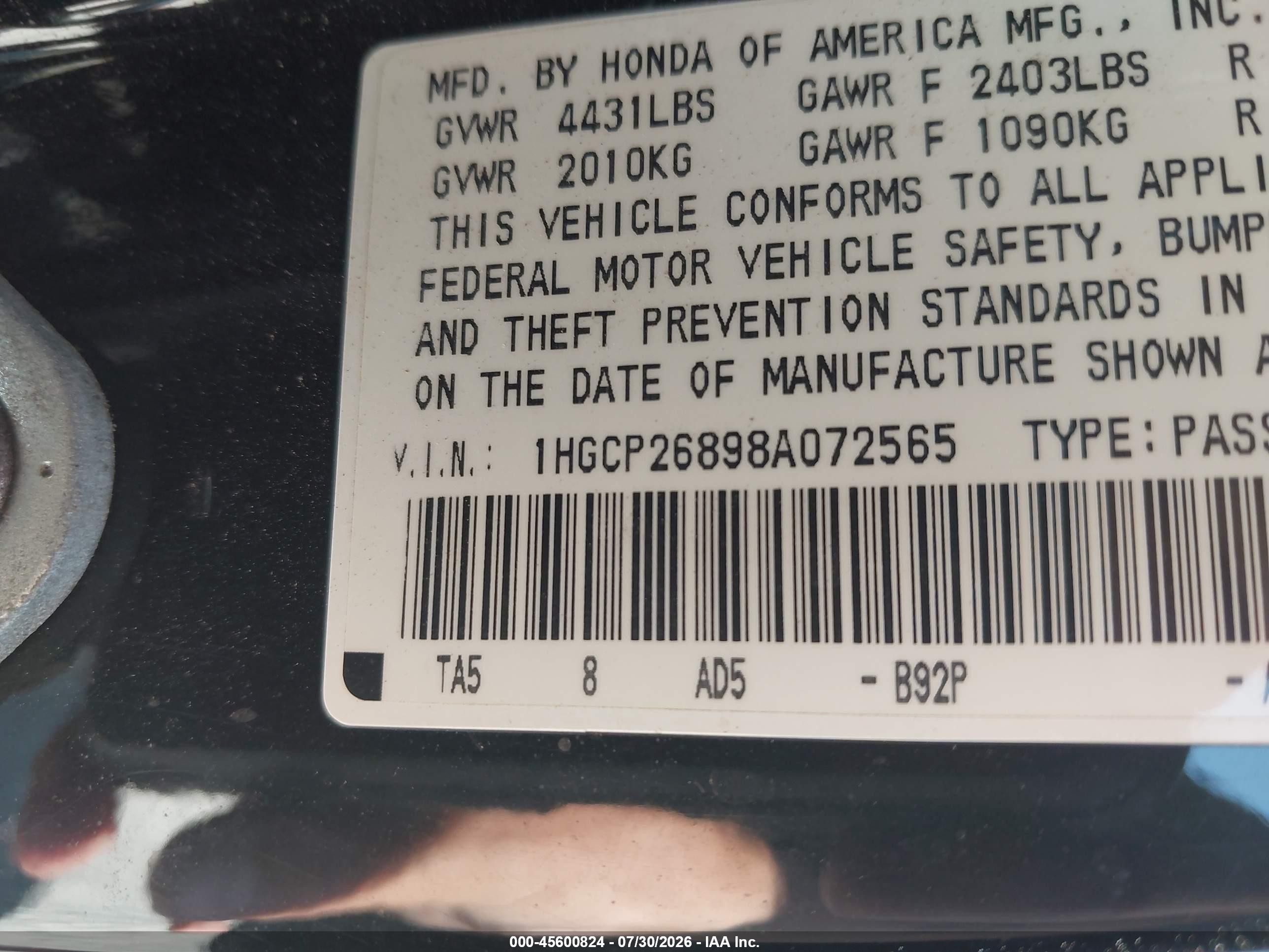 2008 Honda Accord 2.4 Ex-l Black vin: 1HGCP26898A072565