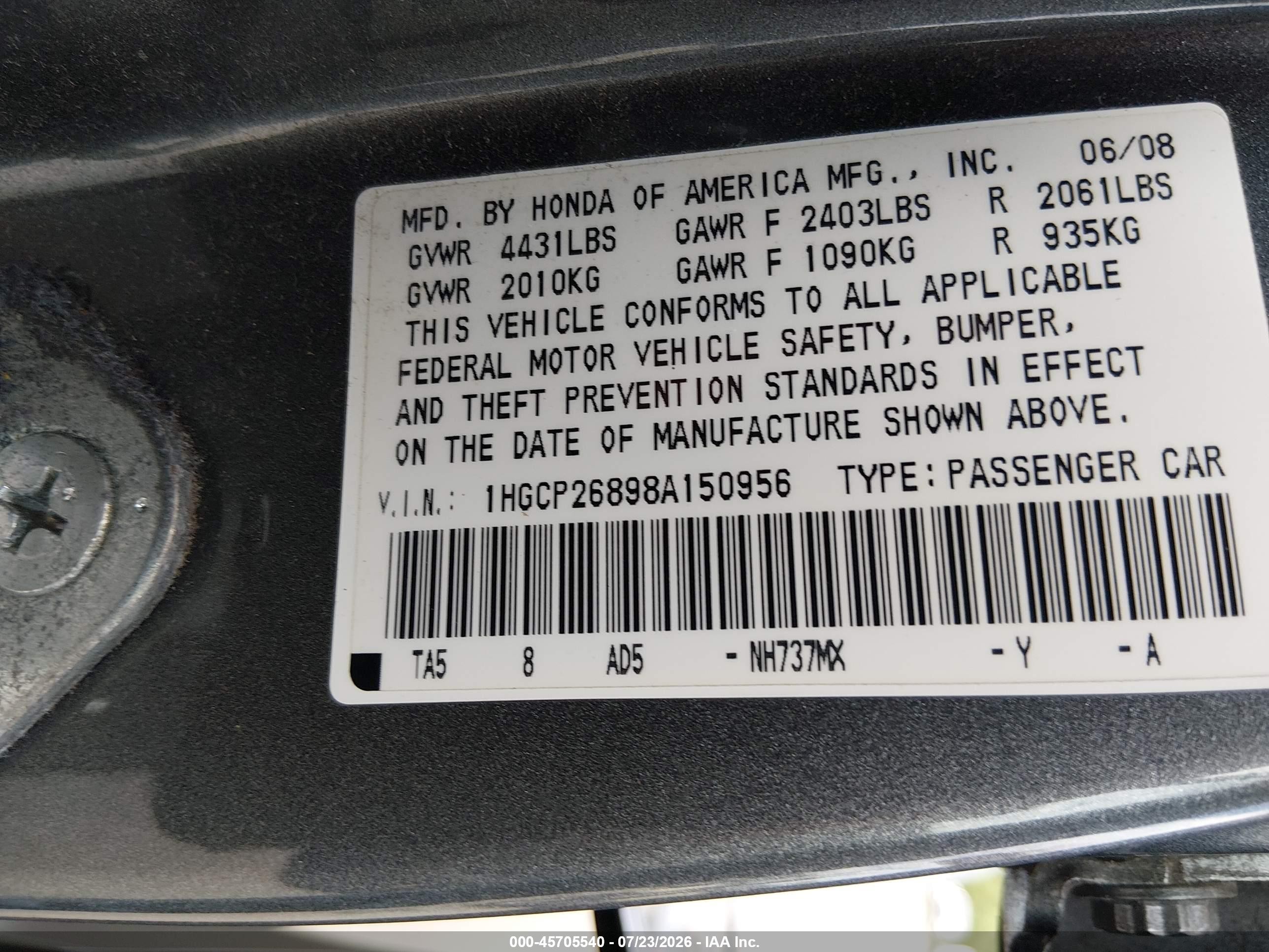 2008 Honda Accord 2.4 Ex-l Серый vin: 1HGCP26898A150956