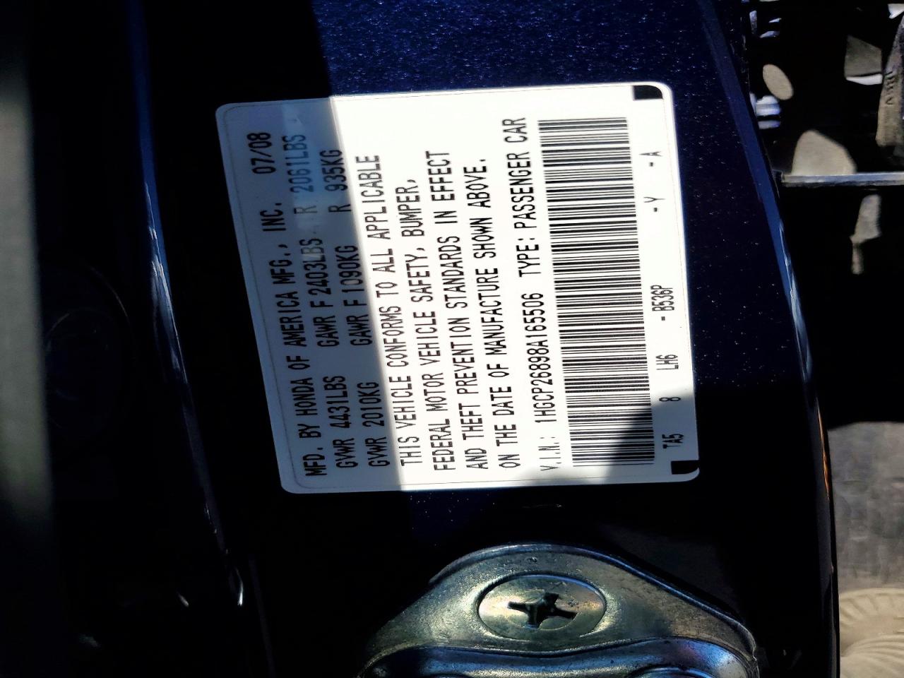 2008 Honda Accord Exl Blue vin: 1HGCP26898A165506