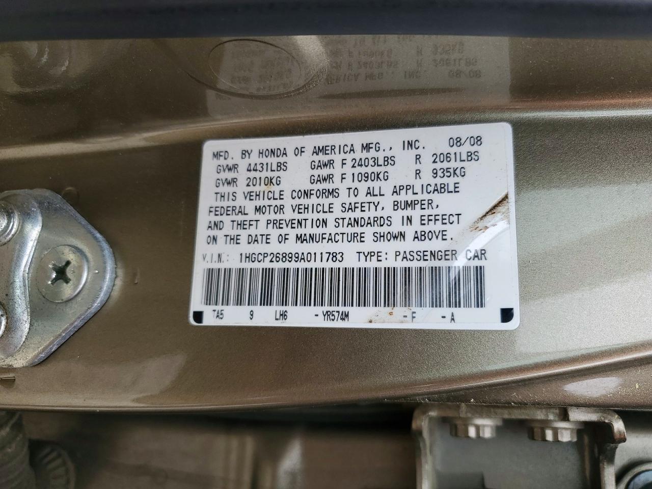 2009 Honda Accord Exl Tan vin: 1HGCP26899A011783