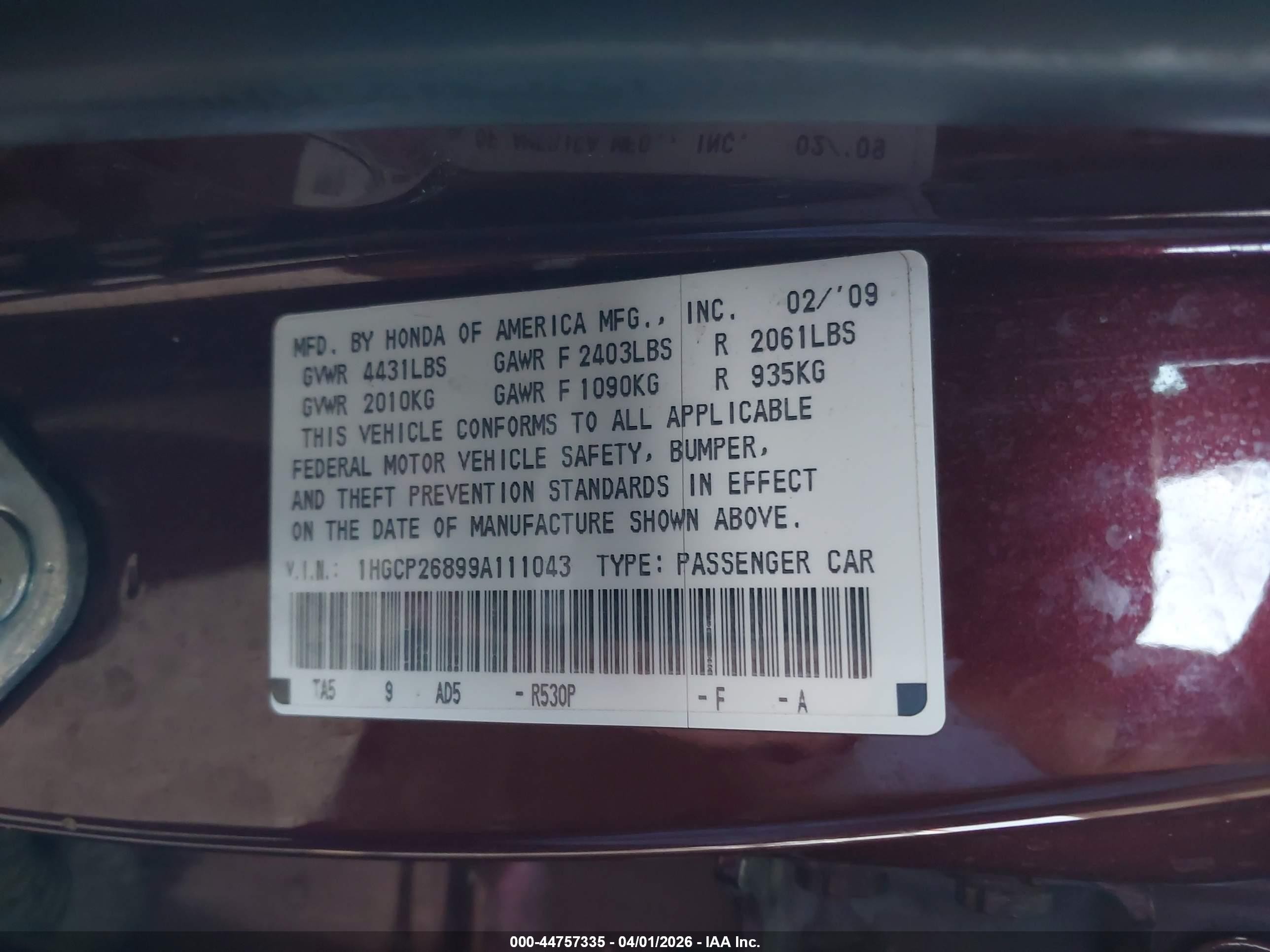 2009 Honda Accord 2.4 Ex-l Burgundy vin: 1HGCP26899A111043