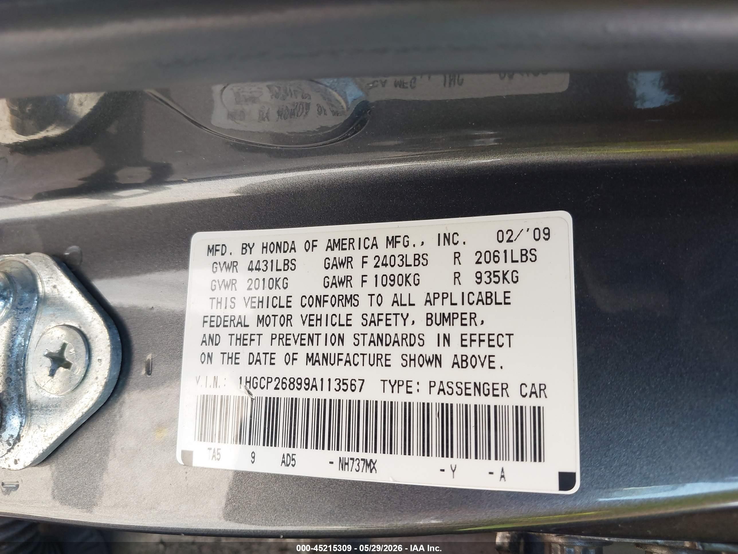 2009 Honda Accord 2.4 Ex-l Gray vin: 1HGCP26899A113567