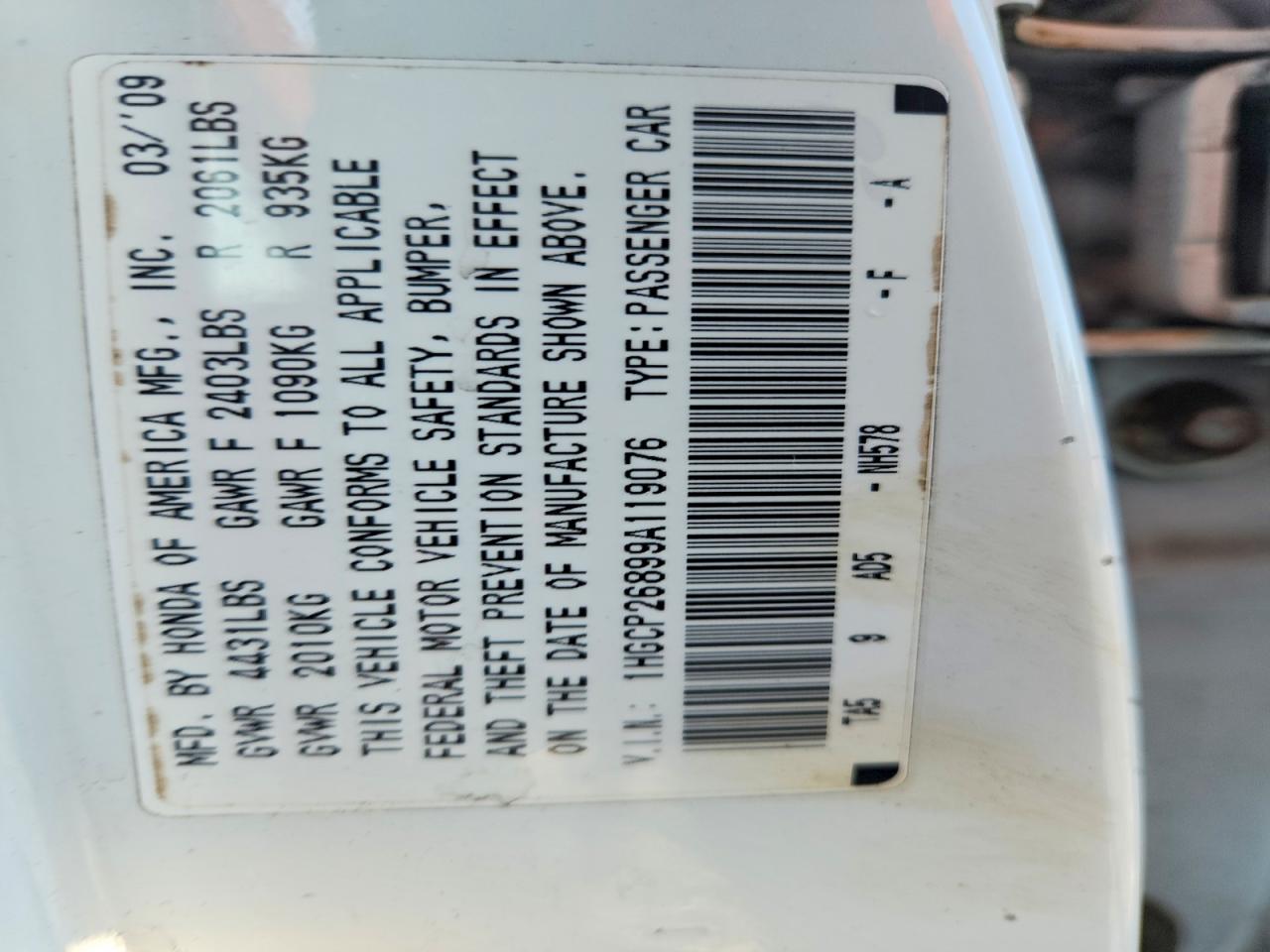 2009 Honda Accord Exl White vin: 1HGCP26899A119076