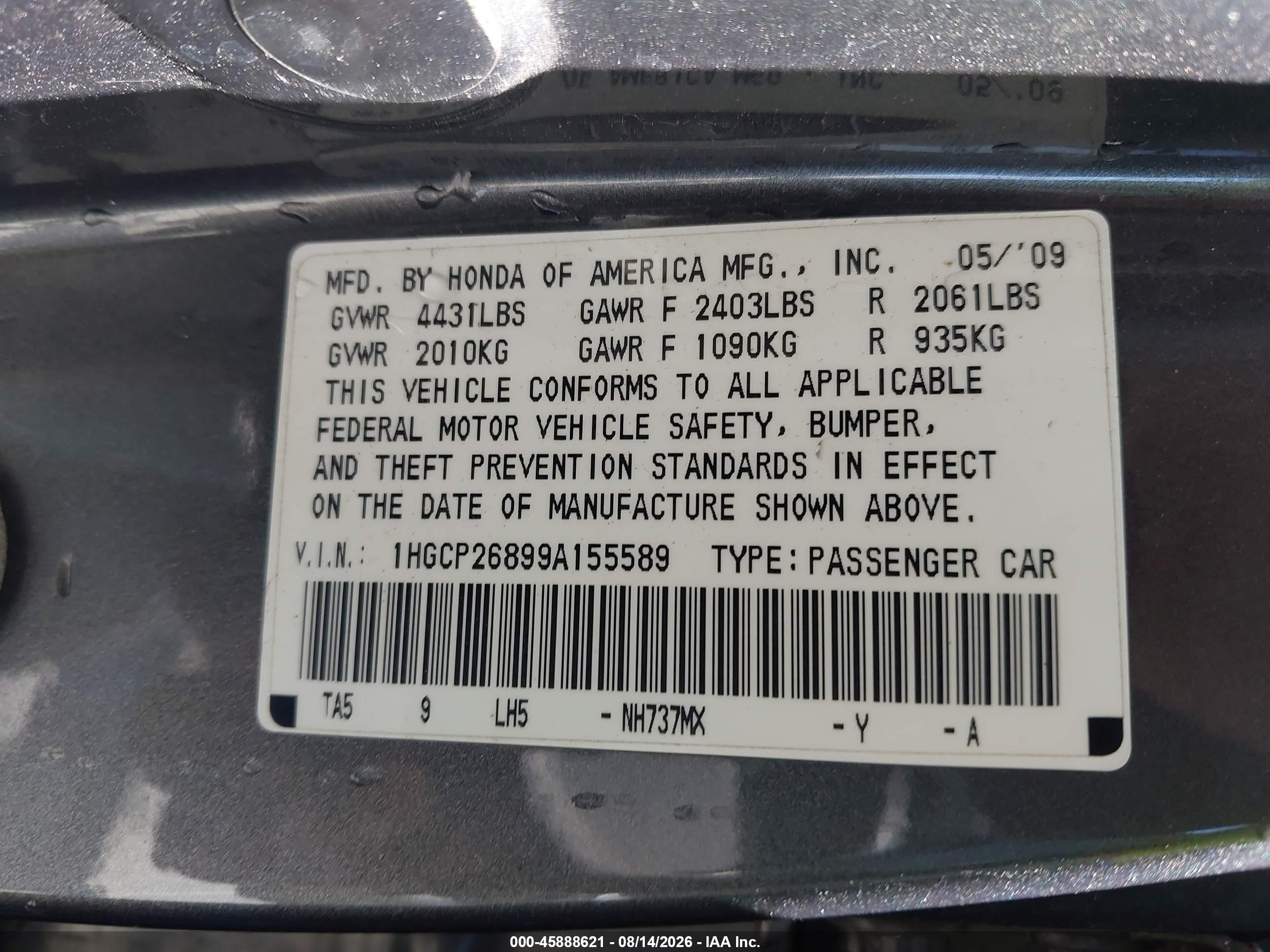 2009 Honda Accord 2.4 Ex-l Gray vin: 1HGCP26899A155589