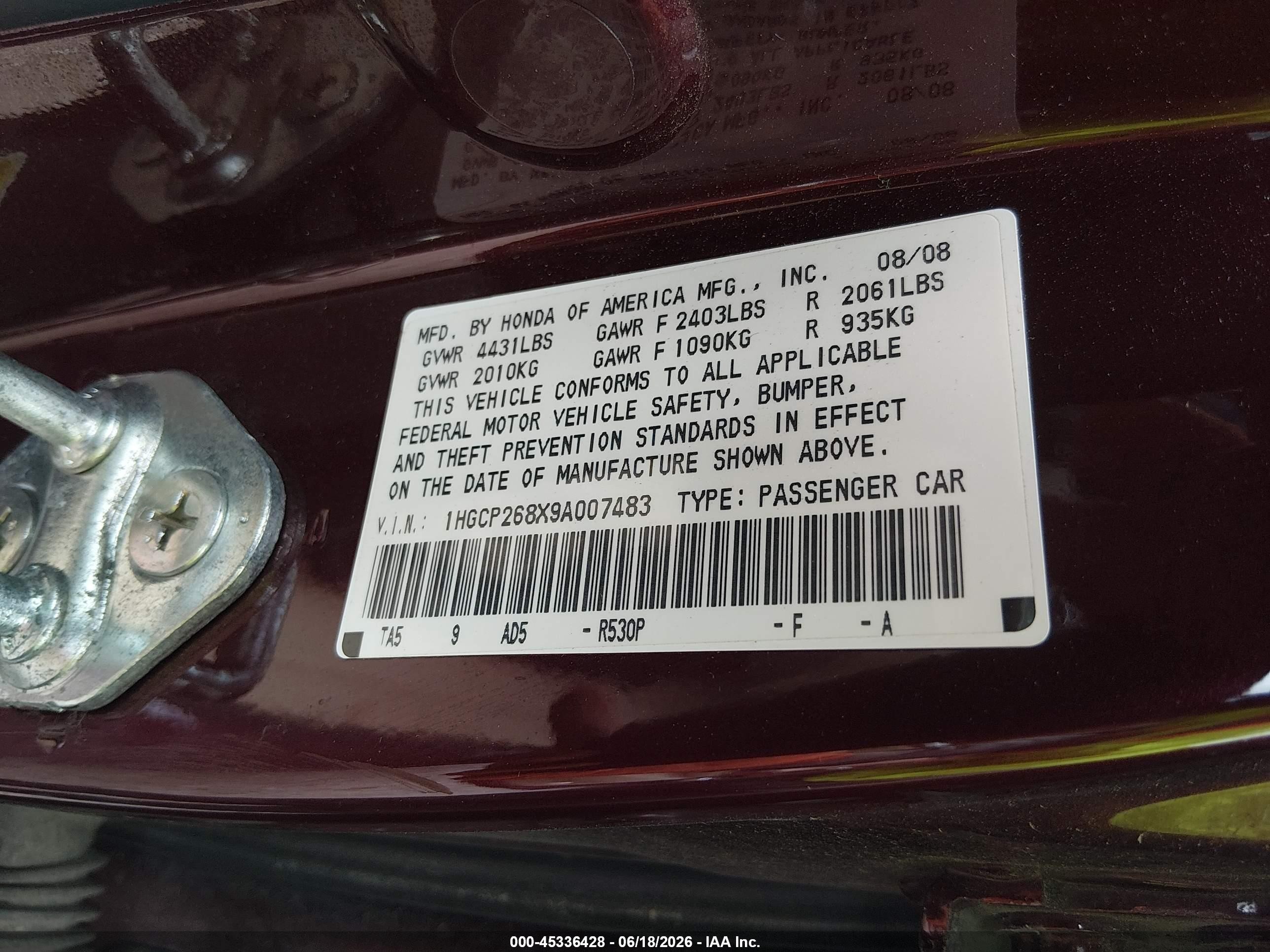 2009 Honda Accord 2.4 Ex-l Бордовый vin: 1HGCP268X9A007483