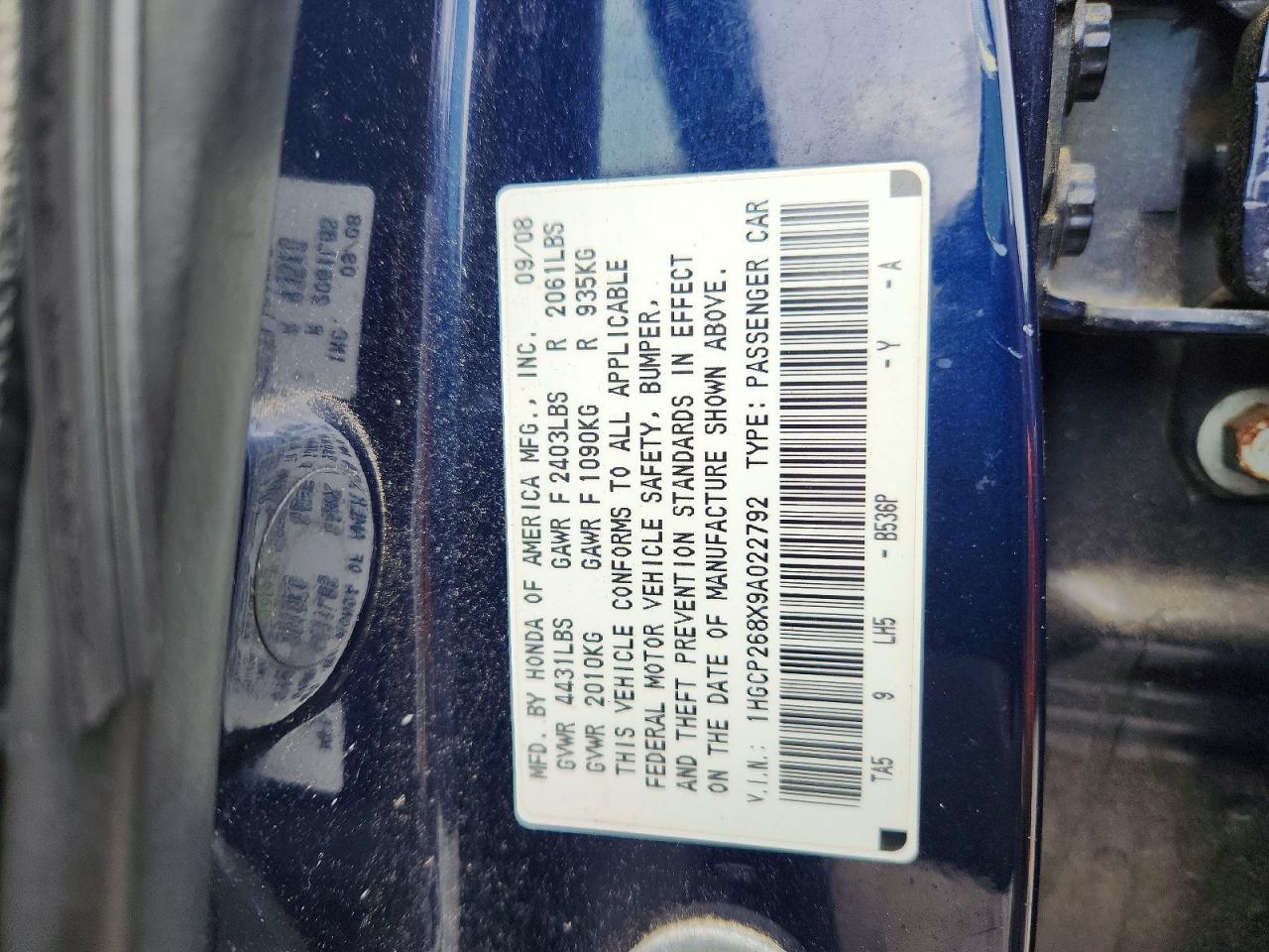 2009 Honda Accord Exl Blue vin: 1HGCP268X9A022792