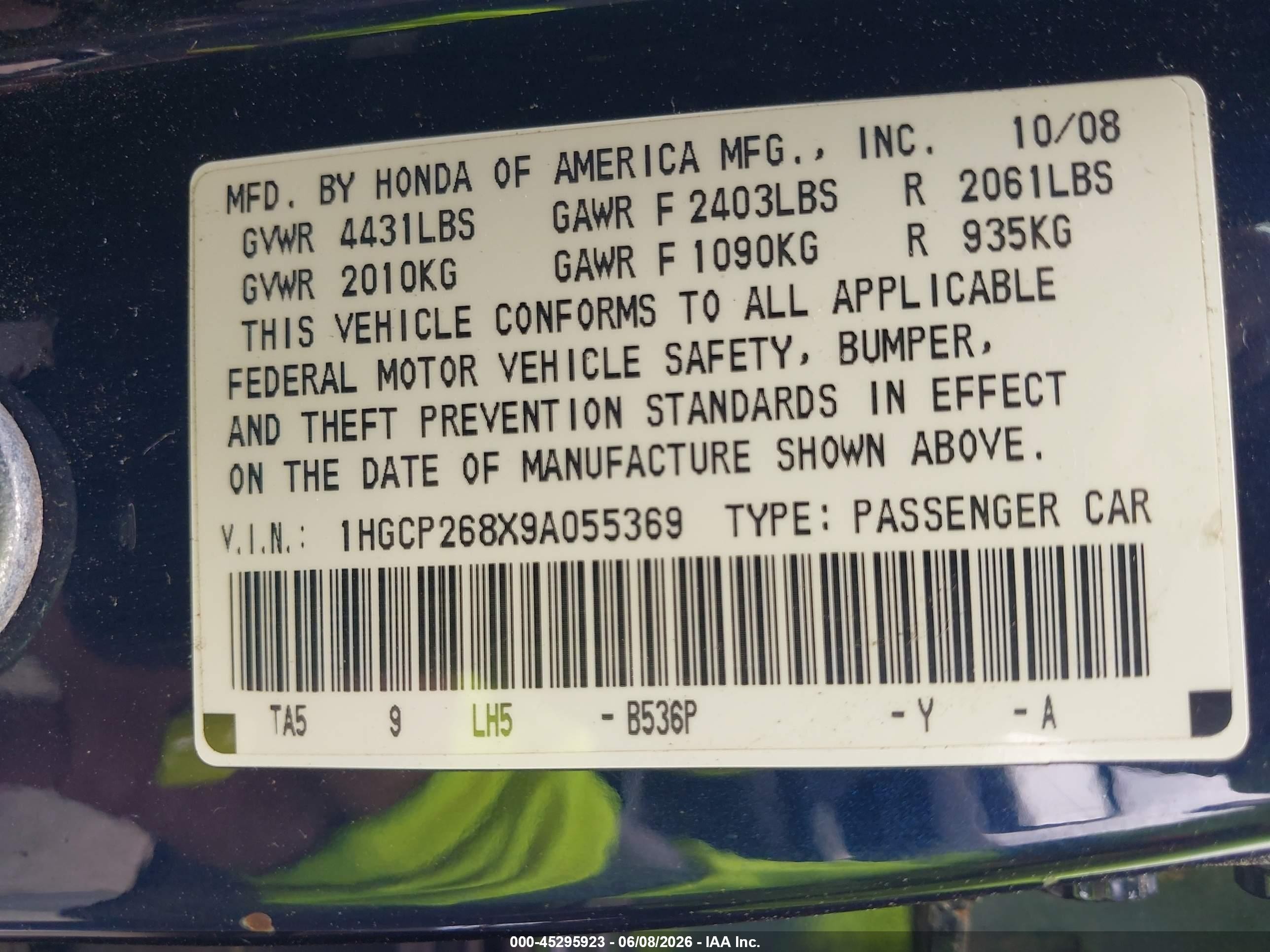 2009 Honda Accord 2.4 Ex-l Blue vin: 1HGCP268X9A055369