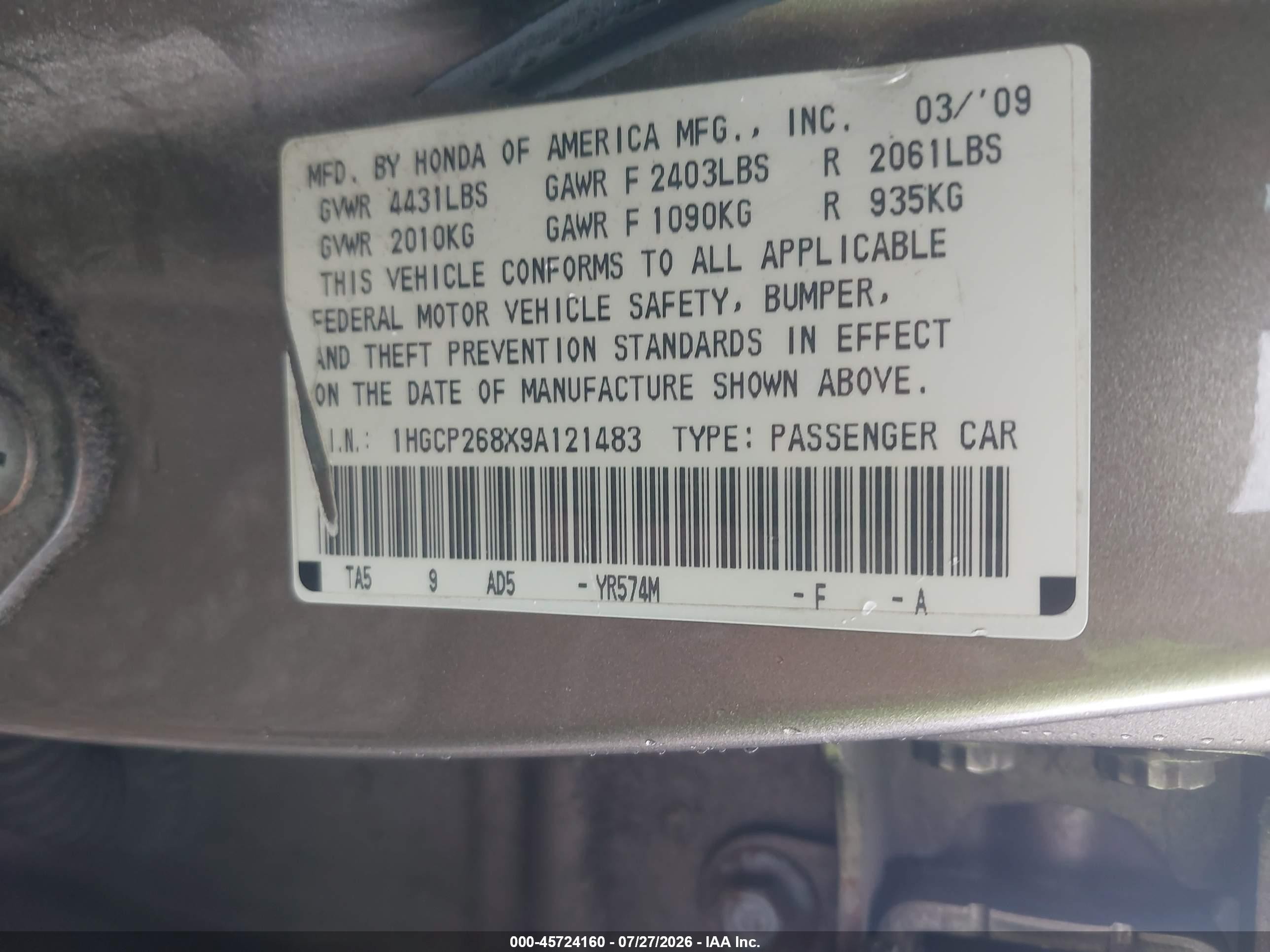 2009 Honda Accord 2.4 Ex-l Beige vin: 1HGCP268X9A121483