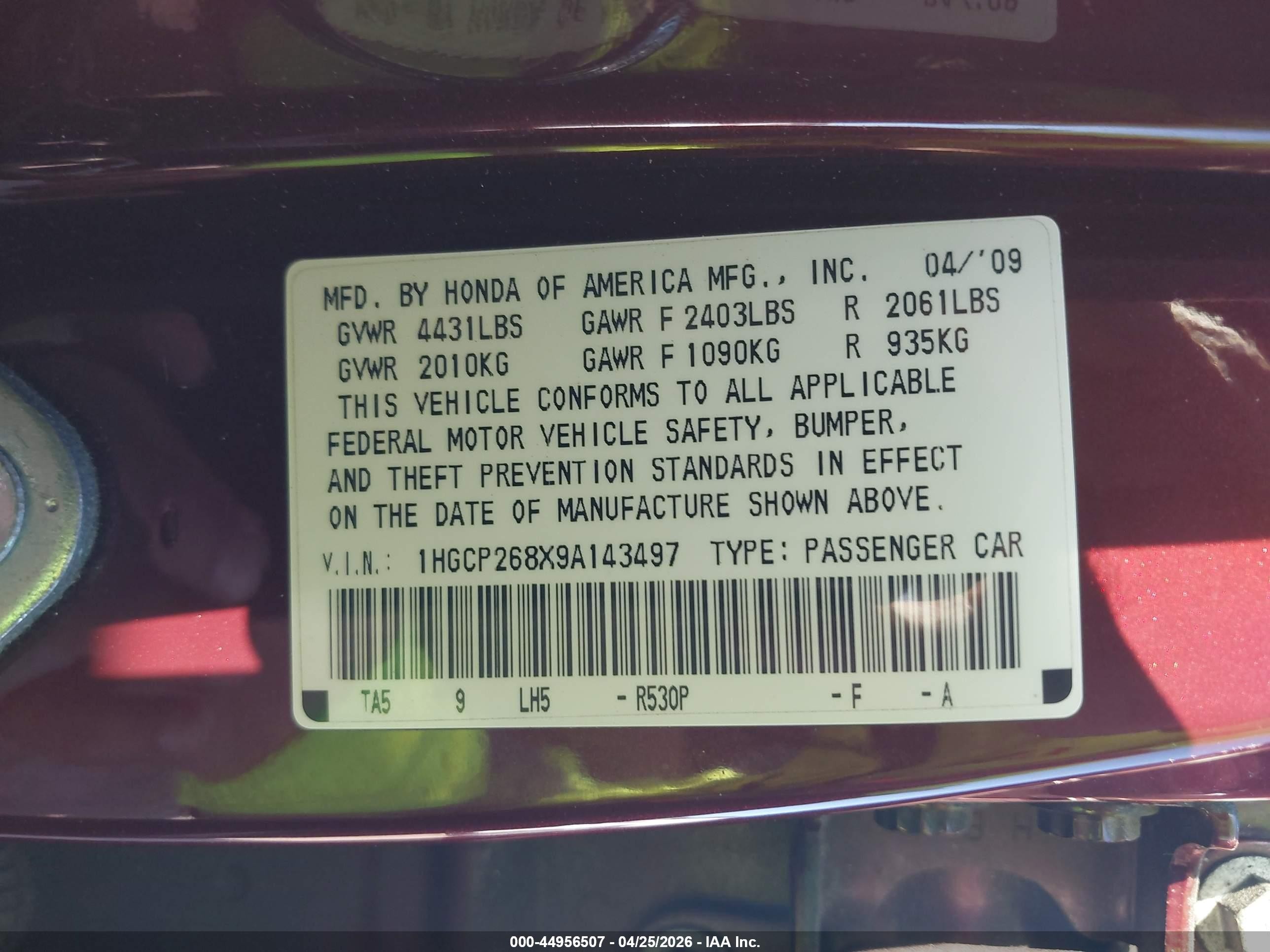 2009 Honda Accord 2.4 Ex-l Burgundy vin: 1HGCP268X9A143497