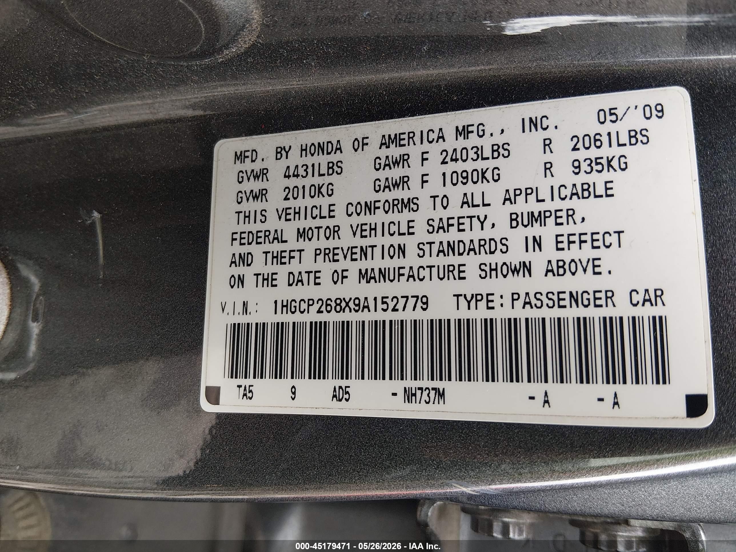 2009 Honda Accord 2.4 Ex-l Gray vin: 1HGCP268X9A152779