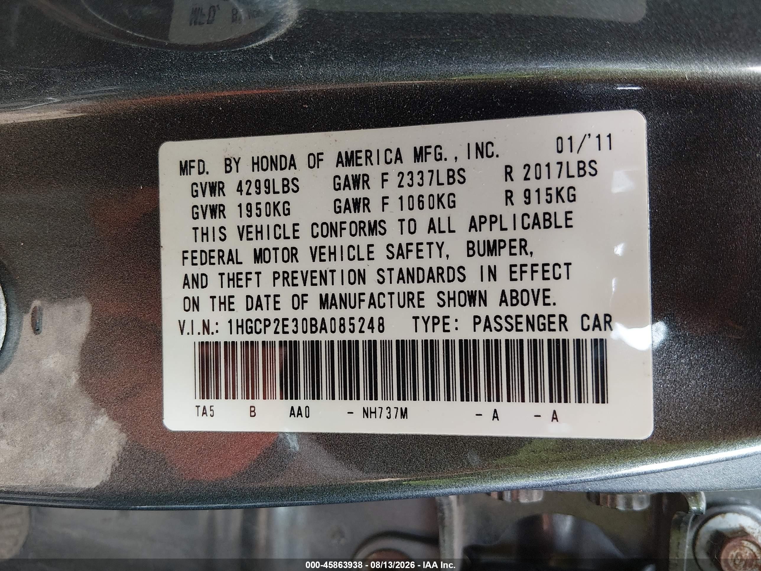 2011 Honda Accord 2.4 Lx Gray vin: 1HGCP2E30BA085248