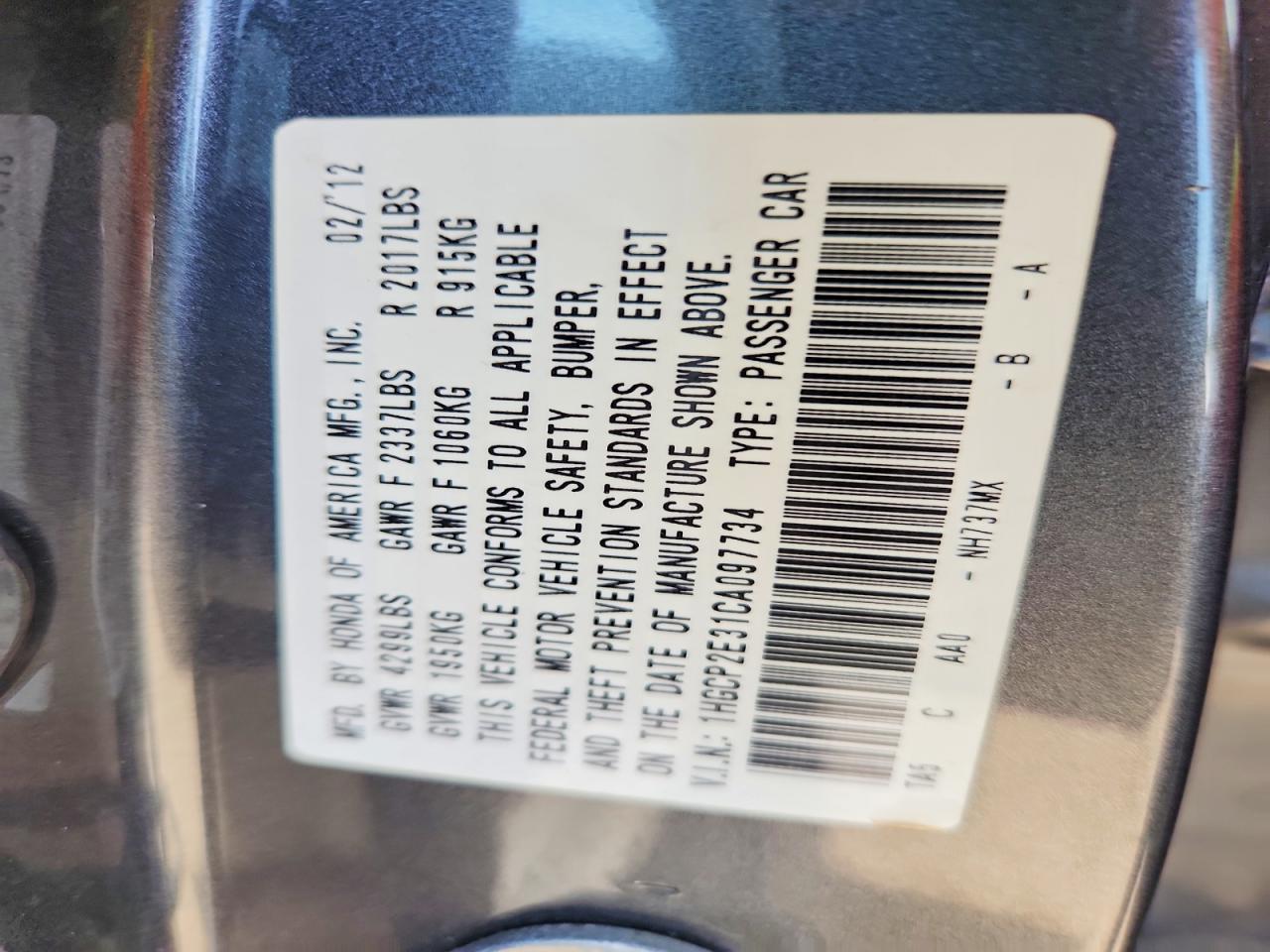 2012 Honda Accord Lx Gray vin: 1HGCP2E31CA097734