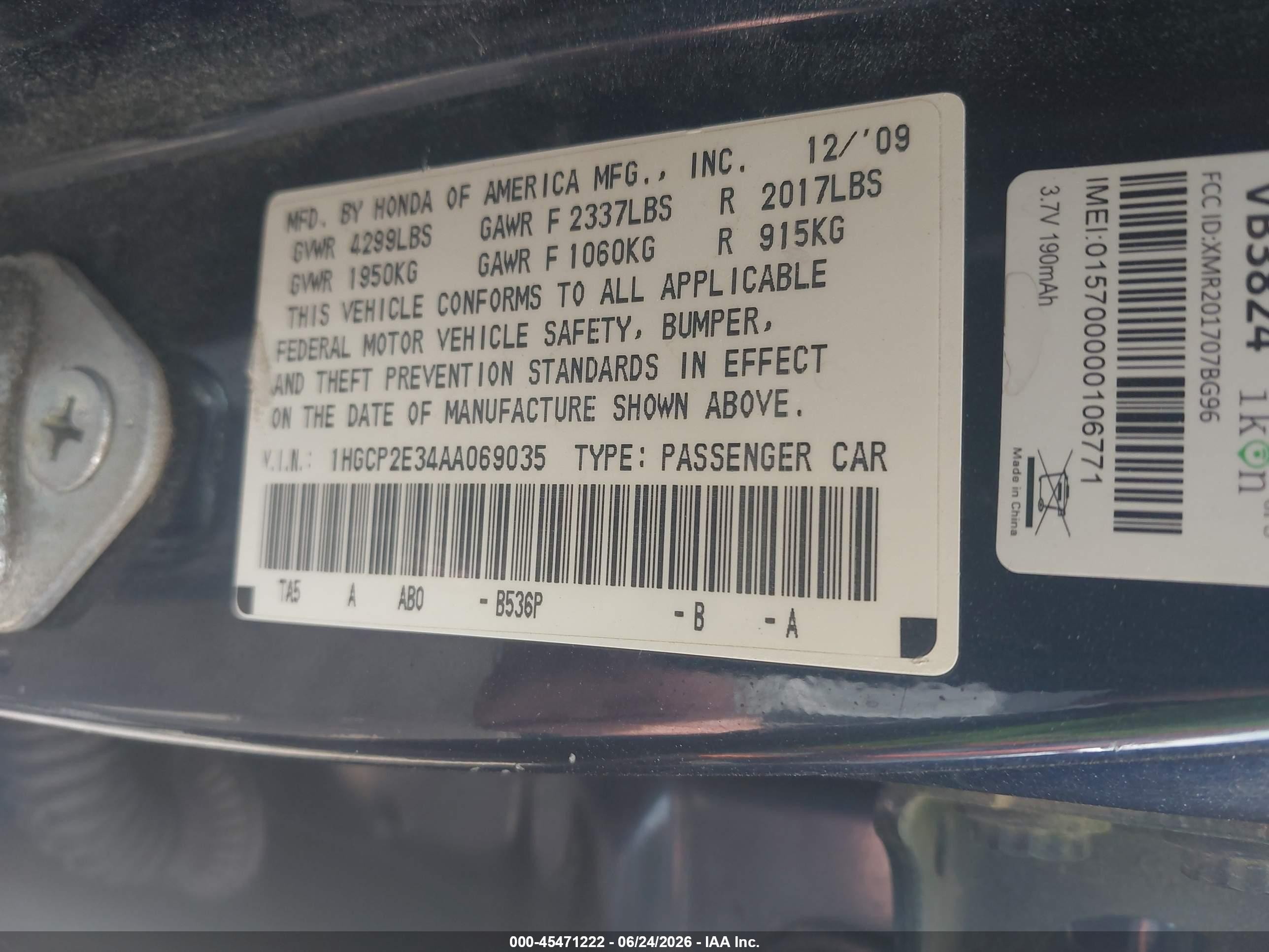 2010 Honda Accord 2.4 Lx Dark Blue vin: 1HGCP2E34AA069035