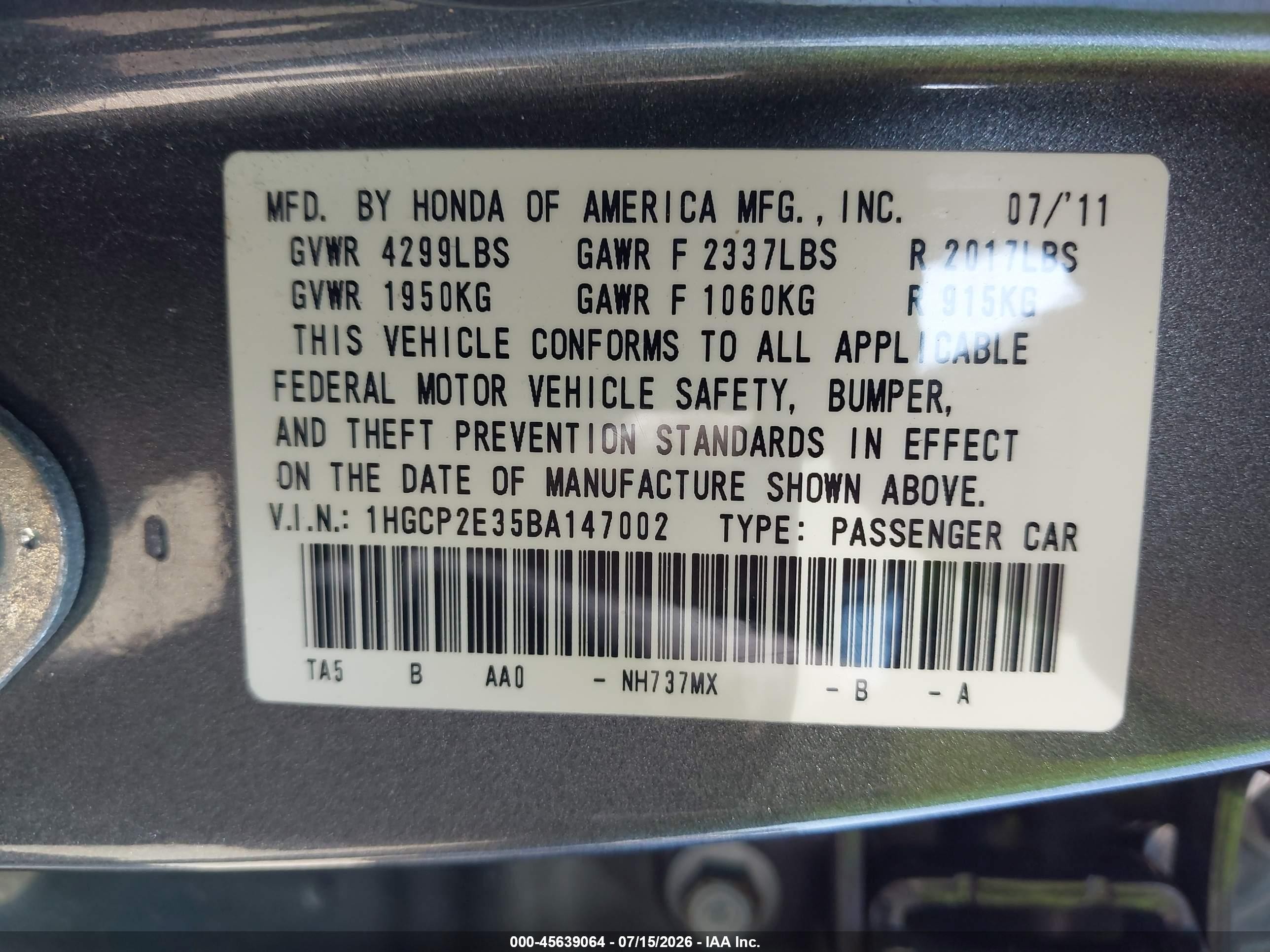 2011 Honda Accord 2.4 Lx Серый vin: 1HGCP2E35BA147002