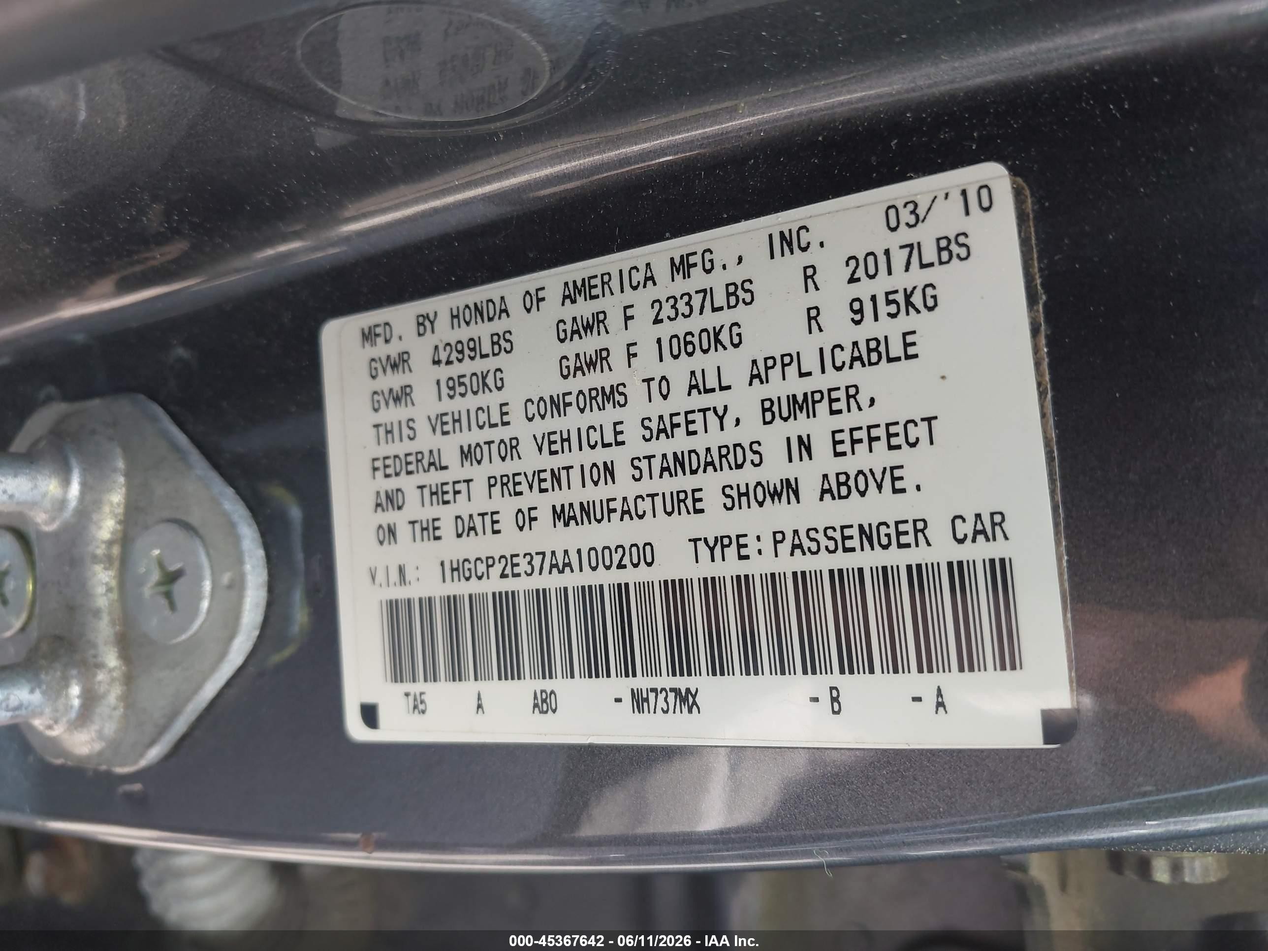 2010 Honda Accord 2.4 Lx Gray vin: 1HGCP2E37AA100200