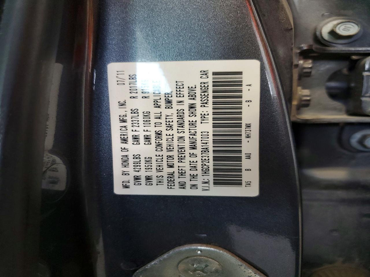 2011 Honda Accord Lx Угольный vin: 1HGCP2E37BA147003