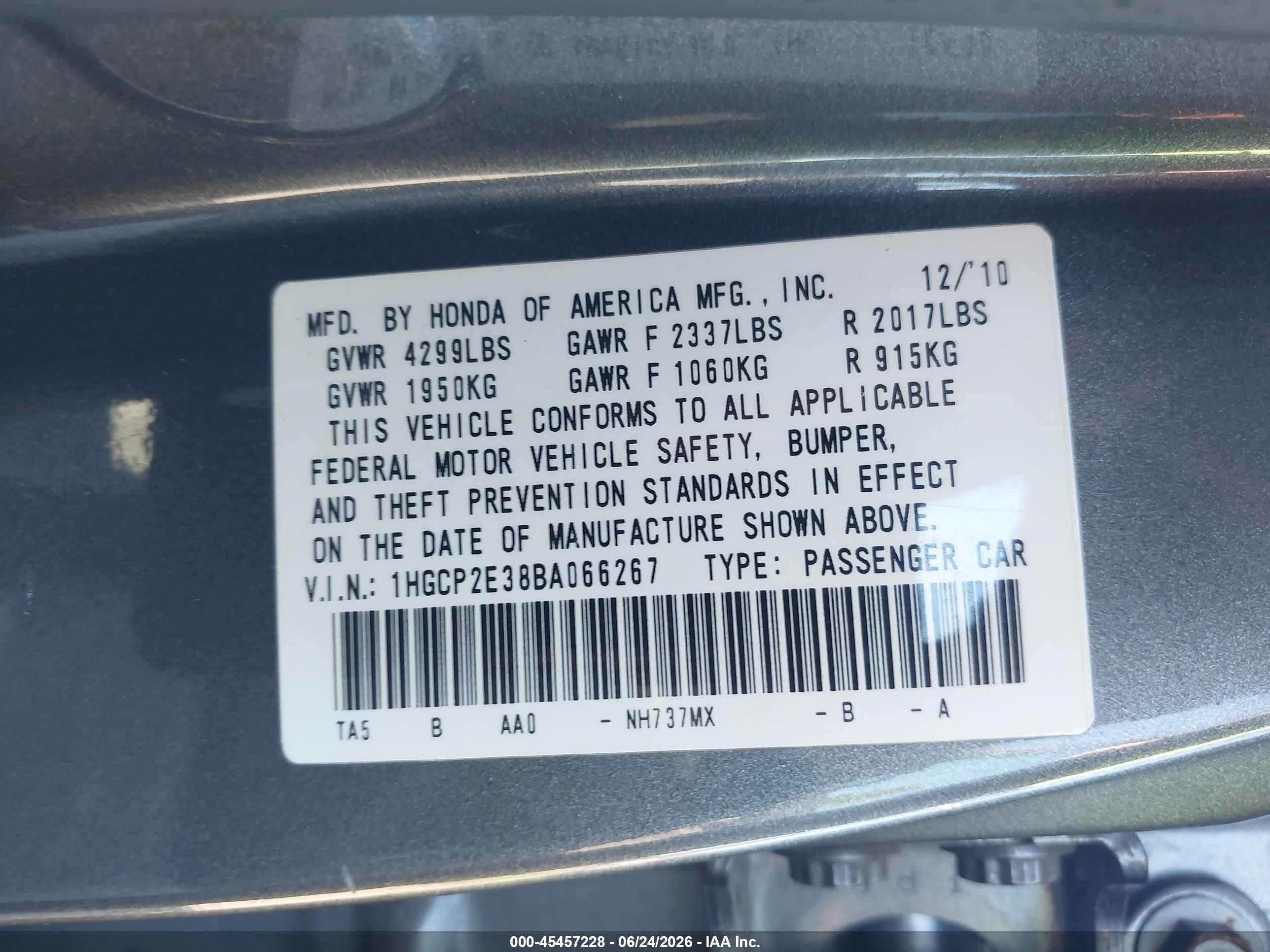 2011 Honda Accord 2.4 Lx Gray vin: 1HGCP2E38BA066267