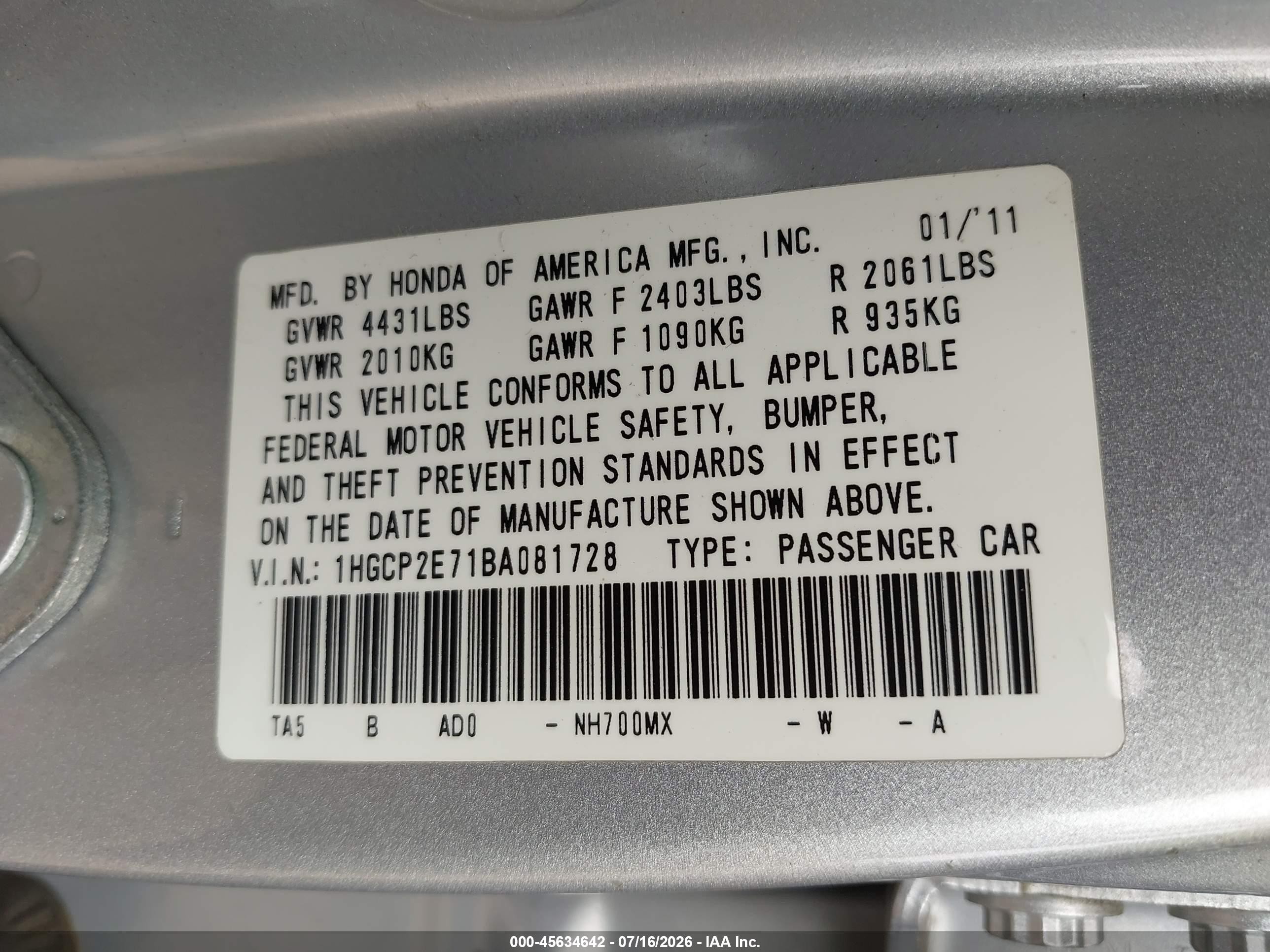 2011 Honda Accord 2.4 Ex Серебряный vin: 1HGCP2E71BA081728