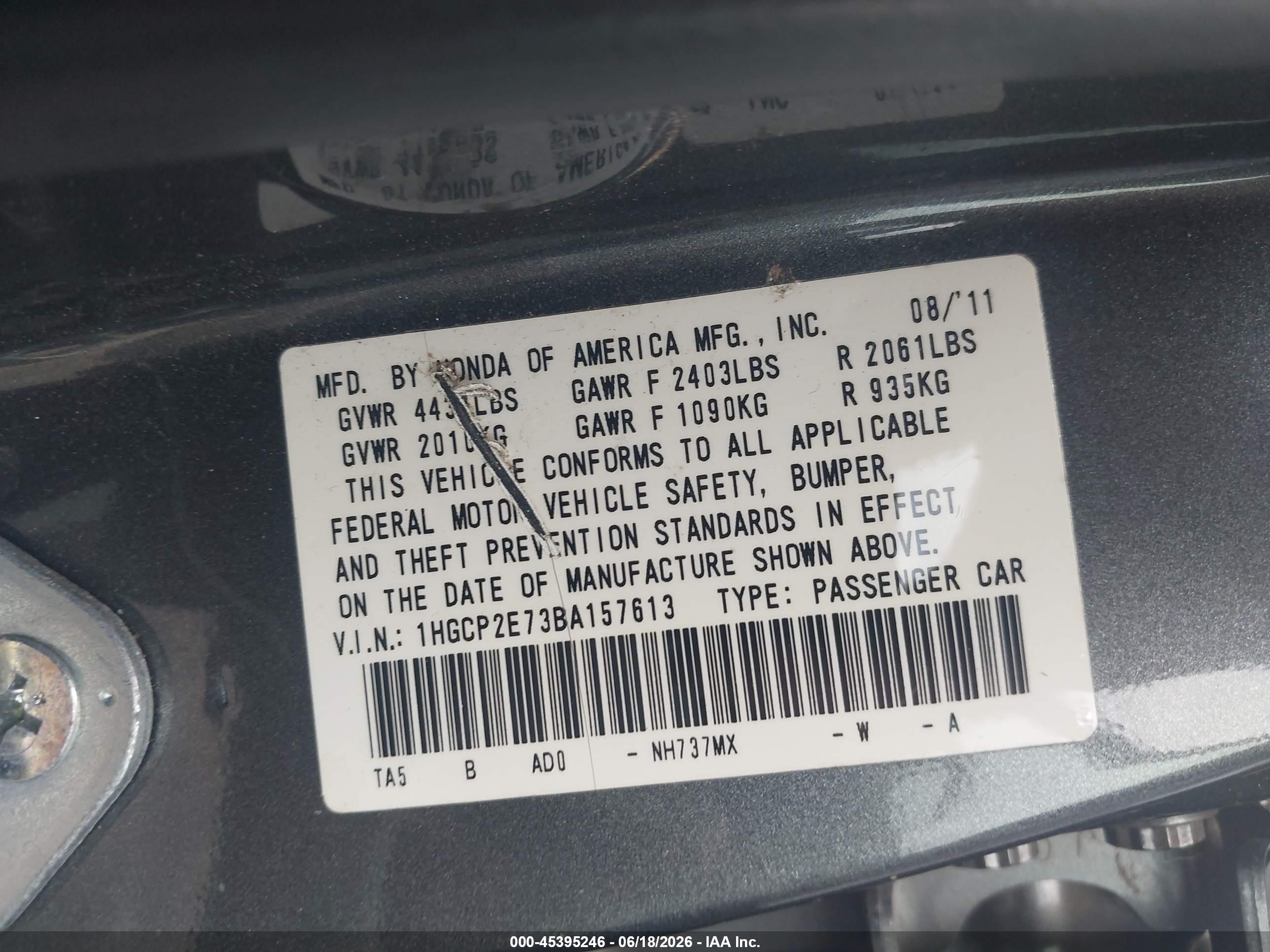 2011 Honda Accord 2.4 Ex Gray vin: 1HGCP2E73BA157613