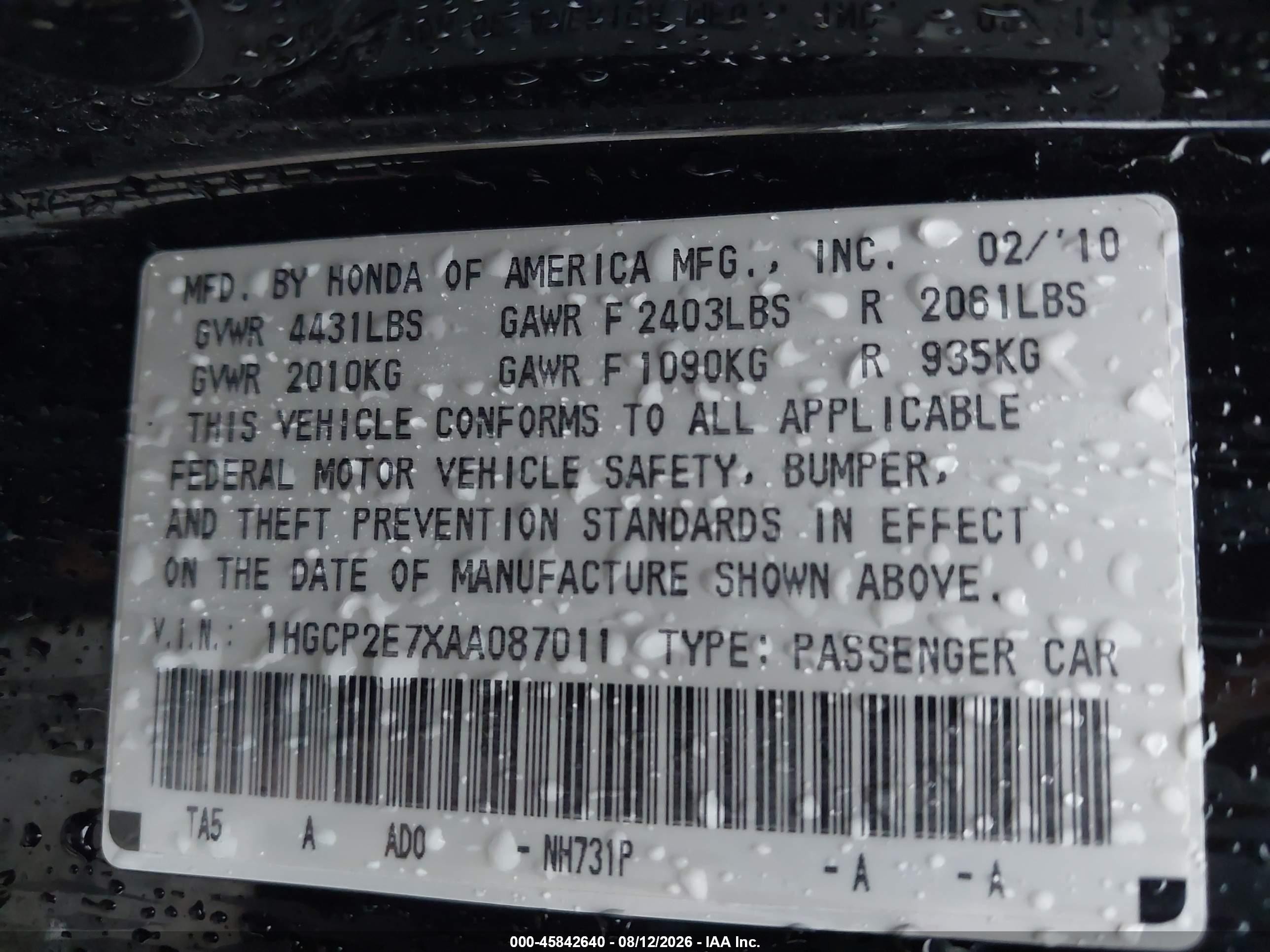 2010 Honda Accord 2.4 Ex Черный vin: 1HGCP2E7XAA087011