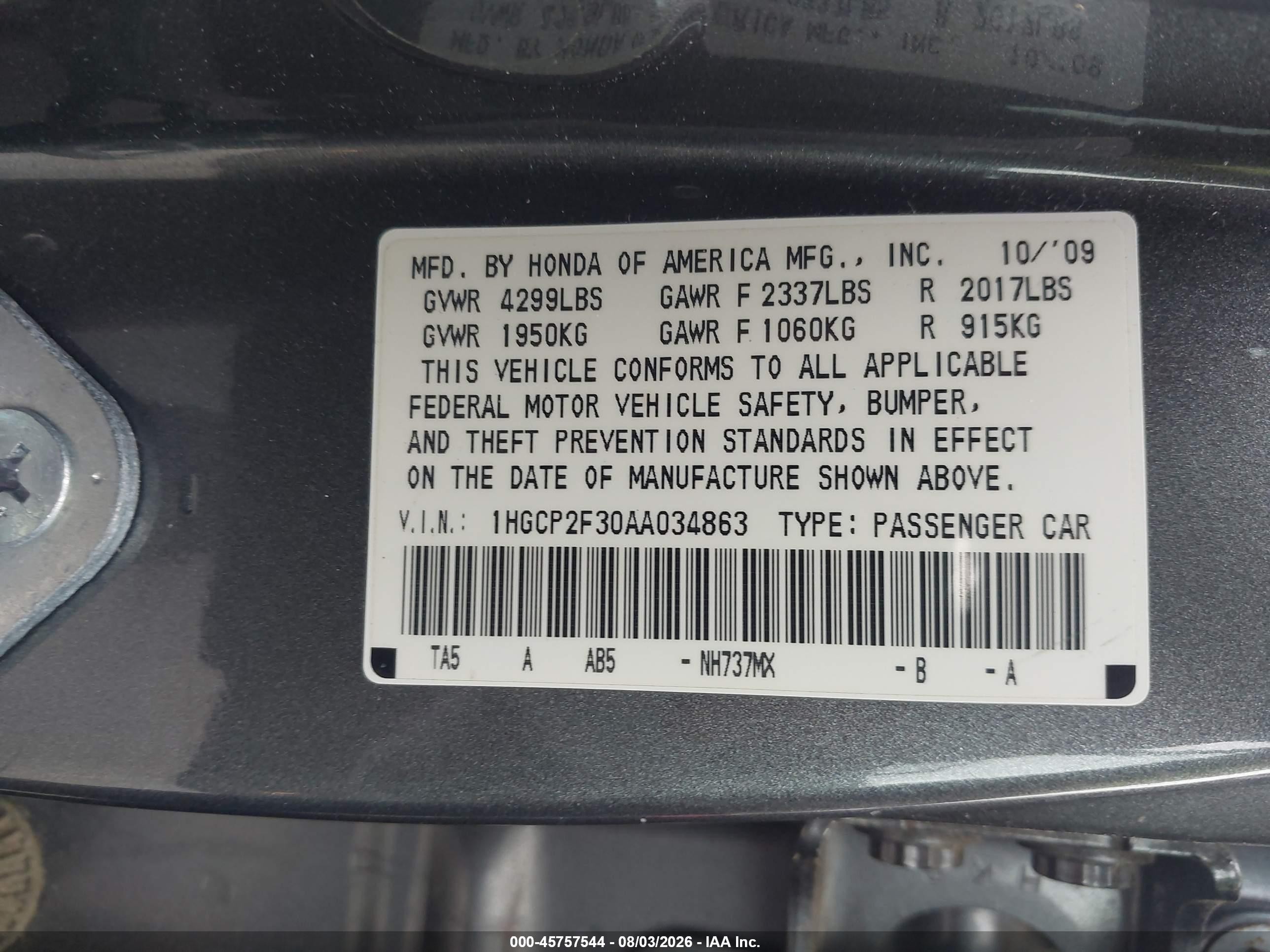 2010 Honda Accord 2.4 Lx Gray vin: 1HGCP2F30AA034863