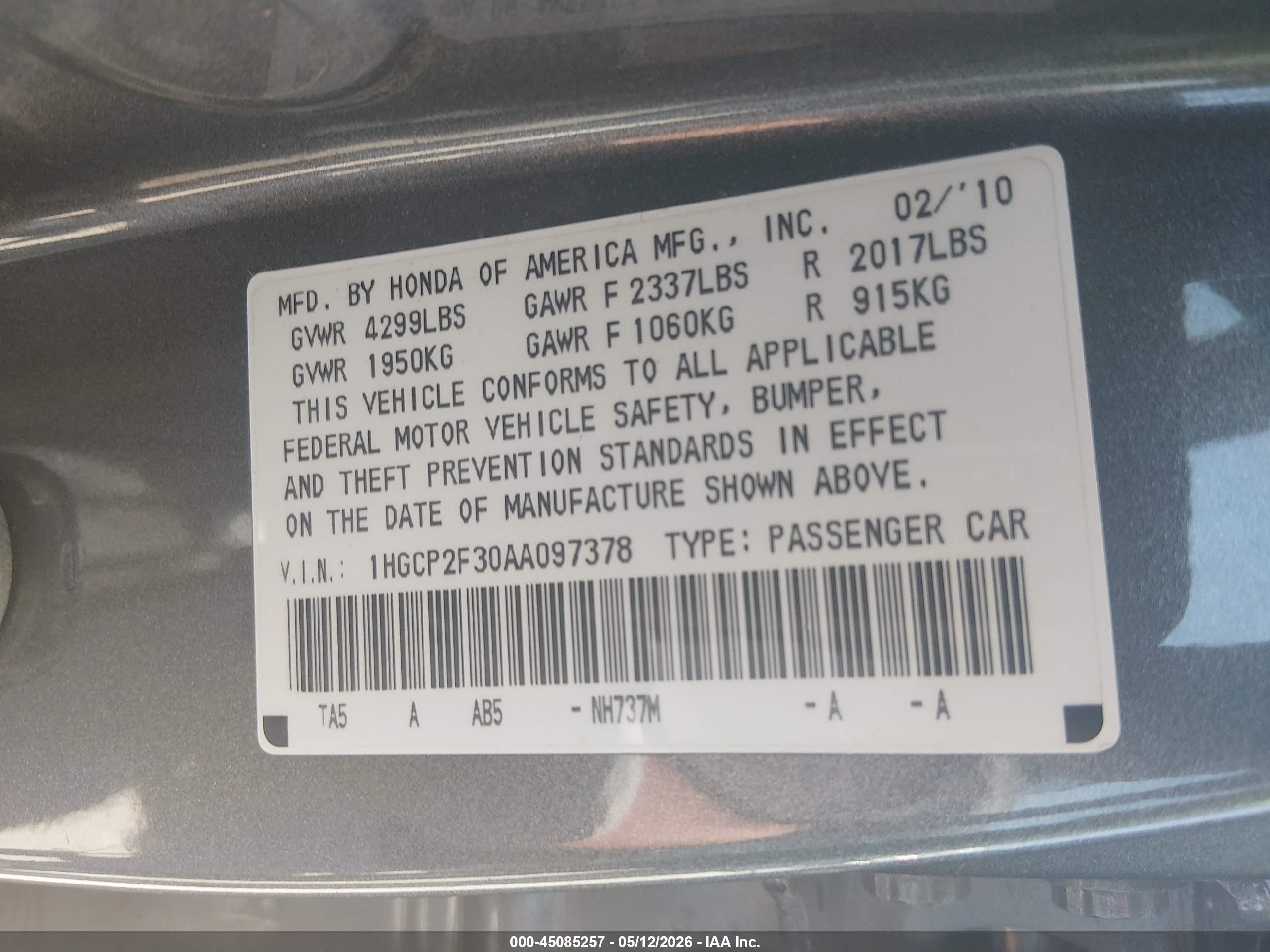 2010 Honda Accord 2.4 Lx Gray vin: 1HGCP2F30AA097378