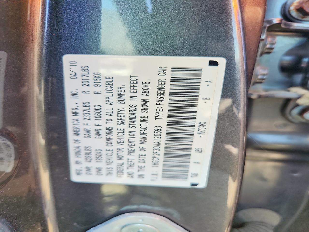 2010 Honda Accord Lx Gray vin: 1HGCP2F30AA120593
