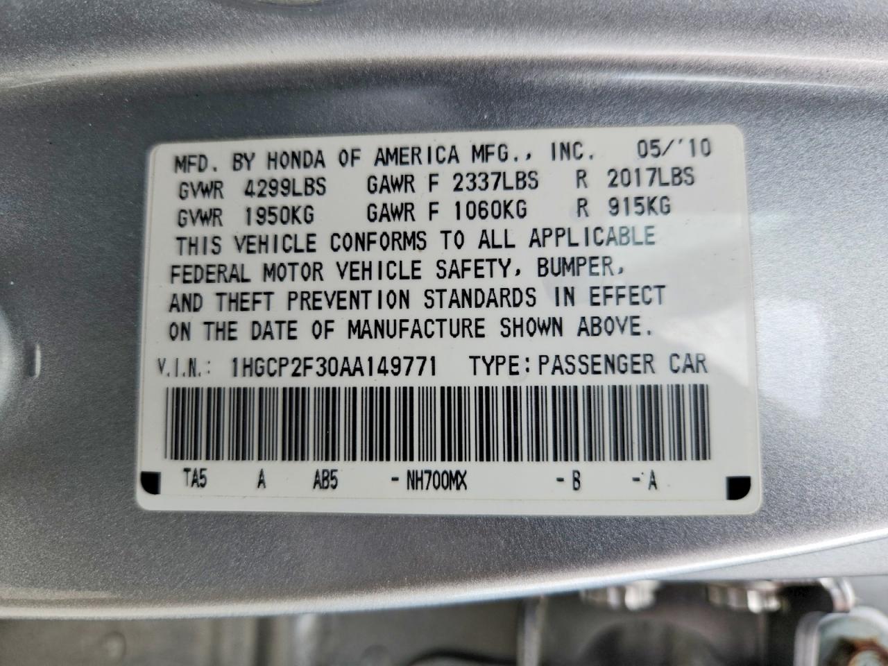 2010 Honda Accord Lx Silver vin: 1HGCP2F30AA149771