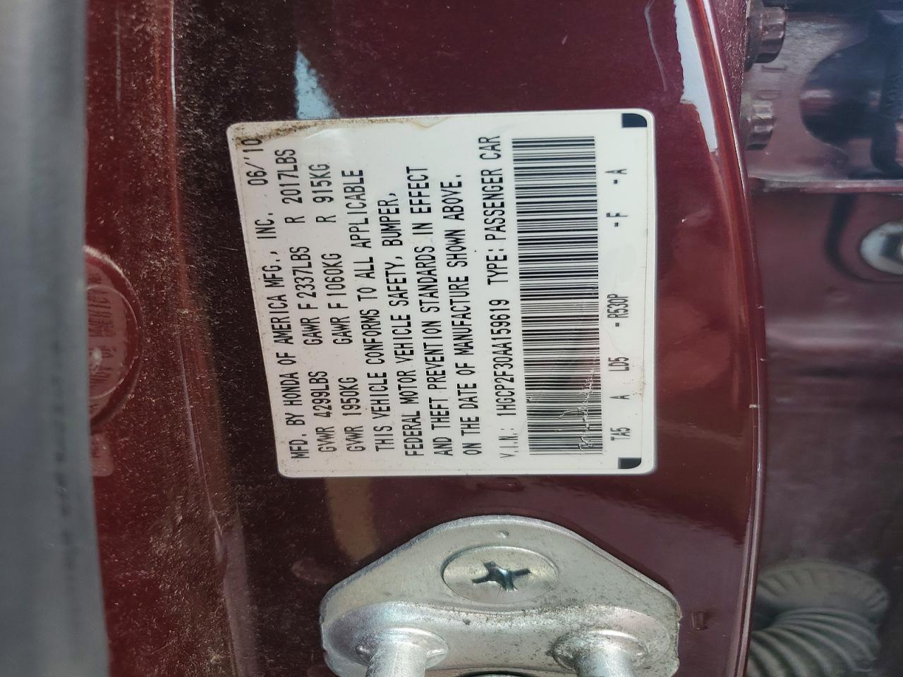 2010 Honda Accord Lx Burgundy vin: 1HGCP2F30AA159619