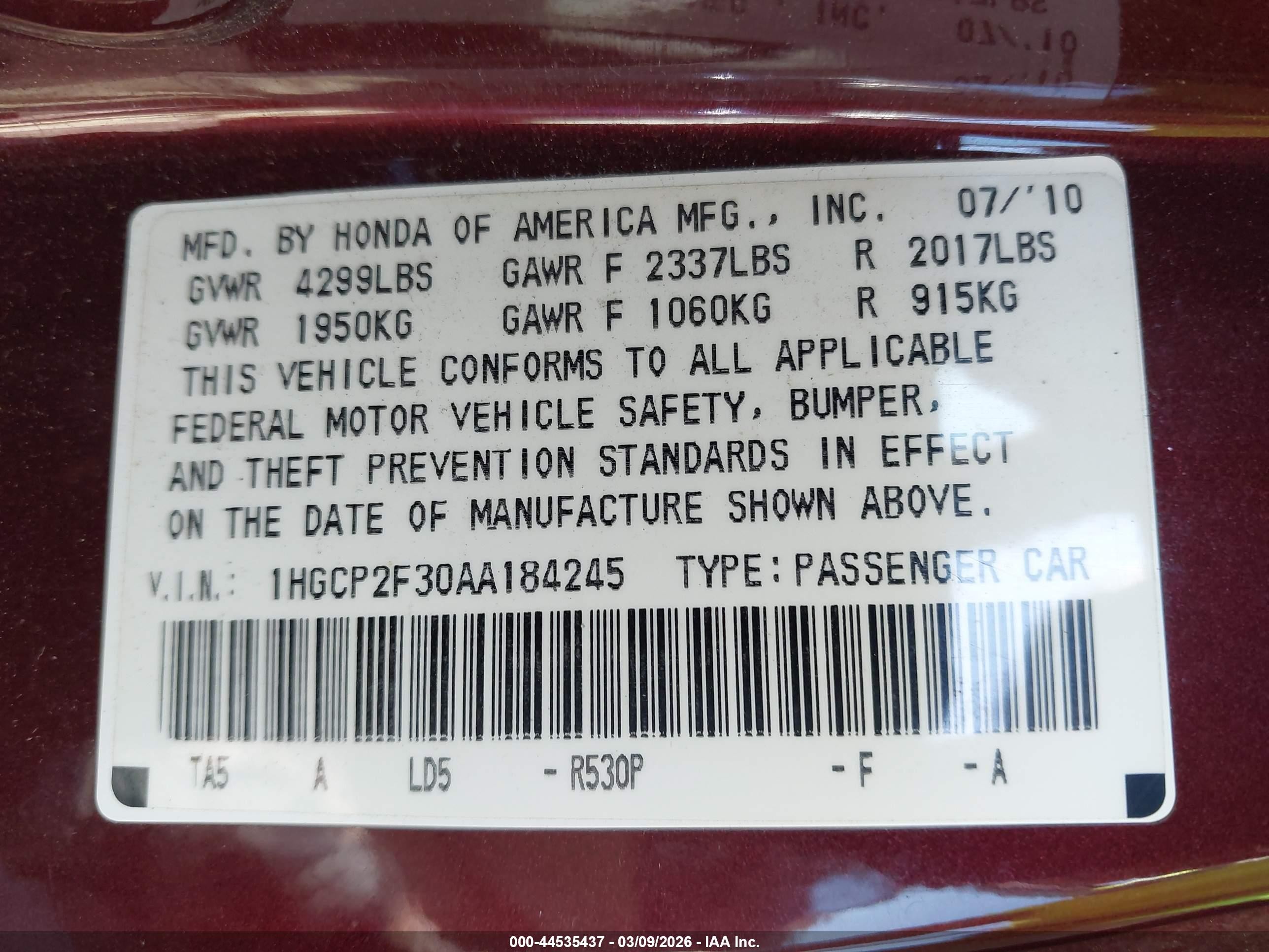2010 Honda Accord 2.4 Lx Maroon vin: 1HGCP2F30AA184245