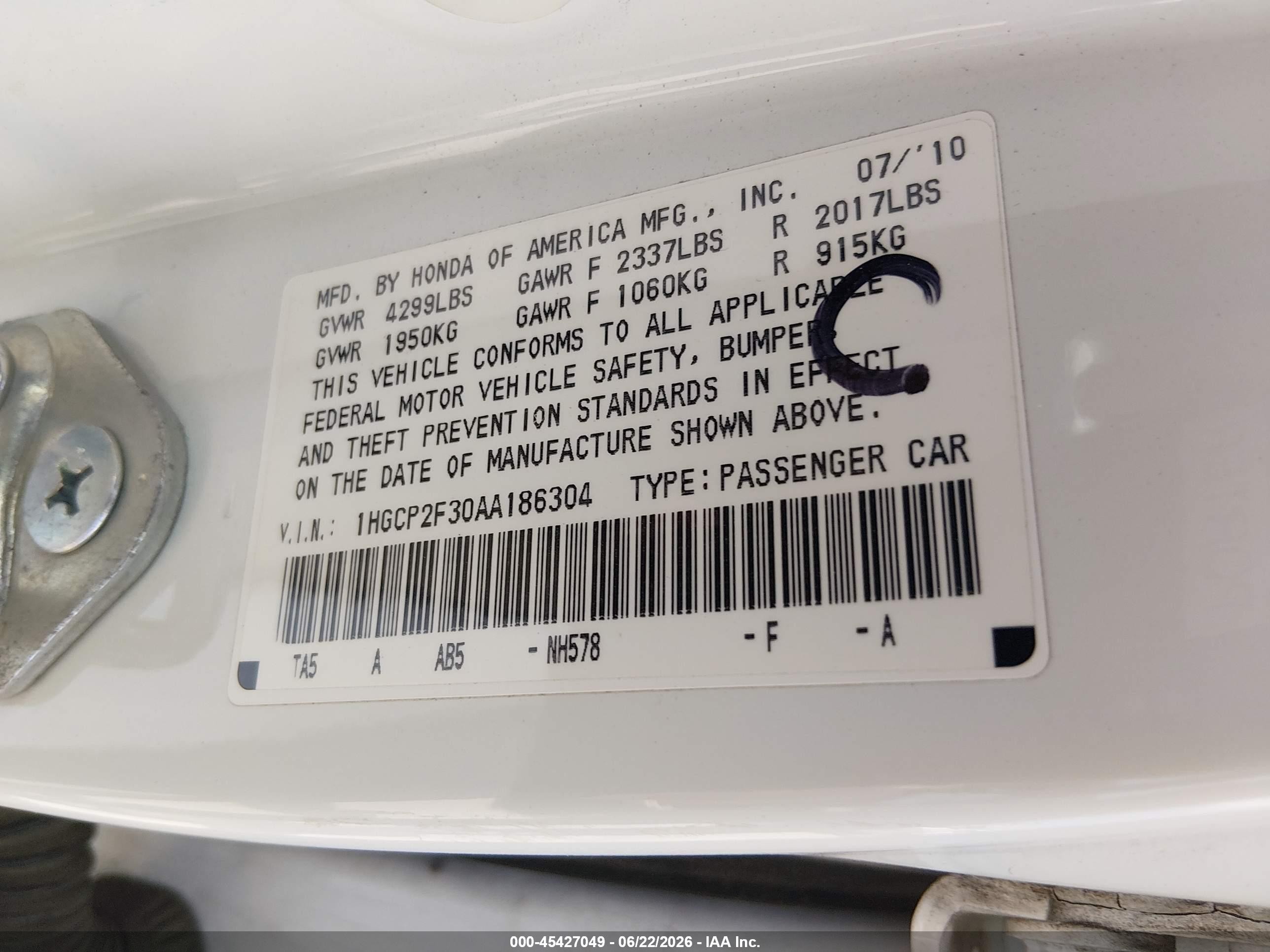 2010 Honda Accord 2.4 Lx Белый vin: 1HGCP2F30AA186304