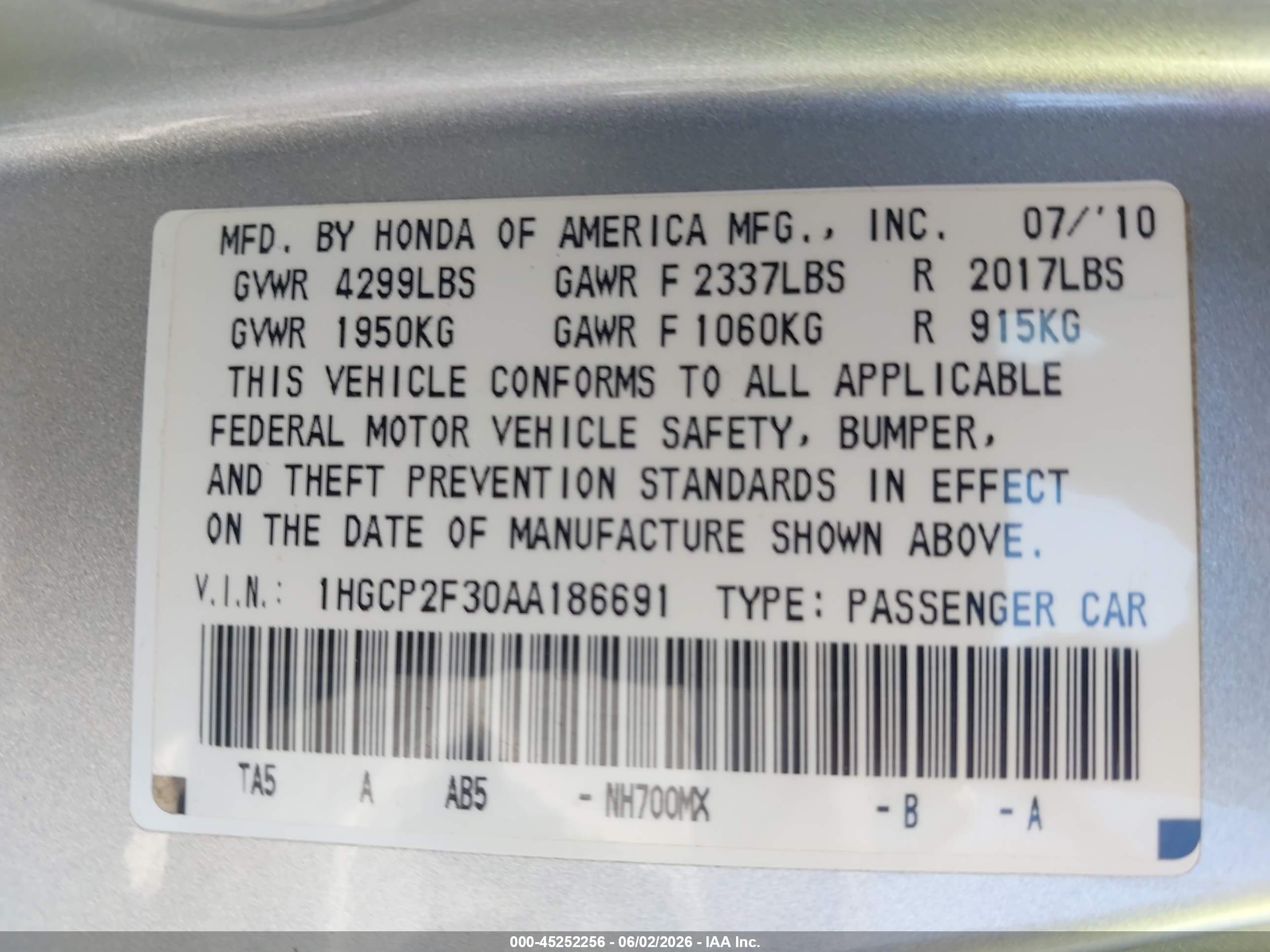 2010 Honda Accord 2.4 Lx Silver vin: 1HGCP2F30AA186691